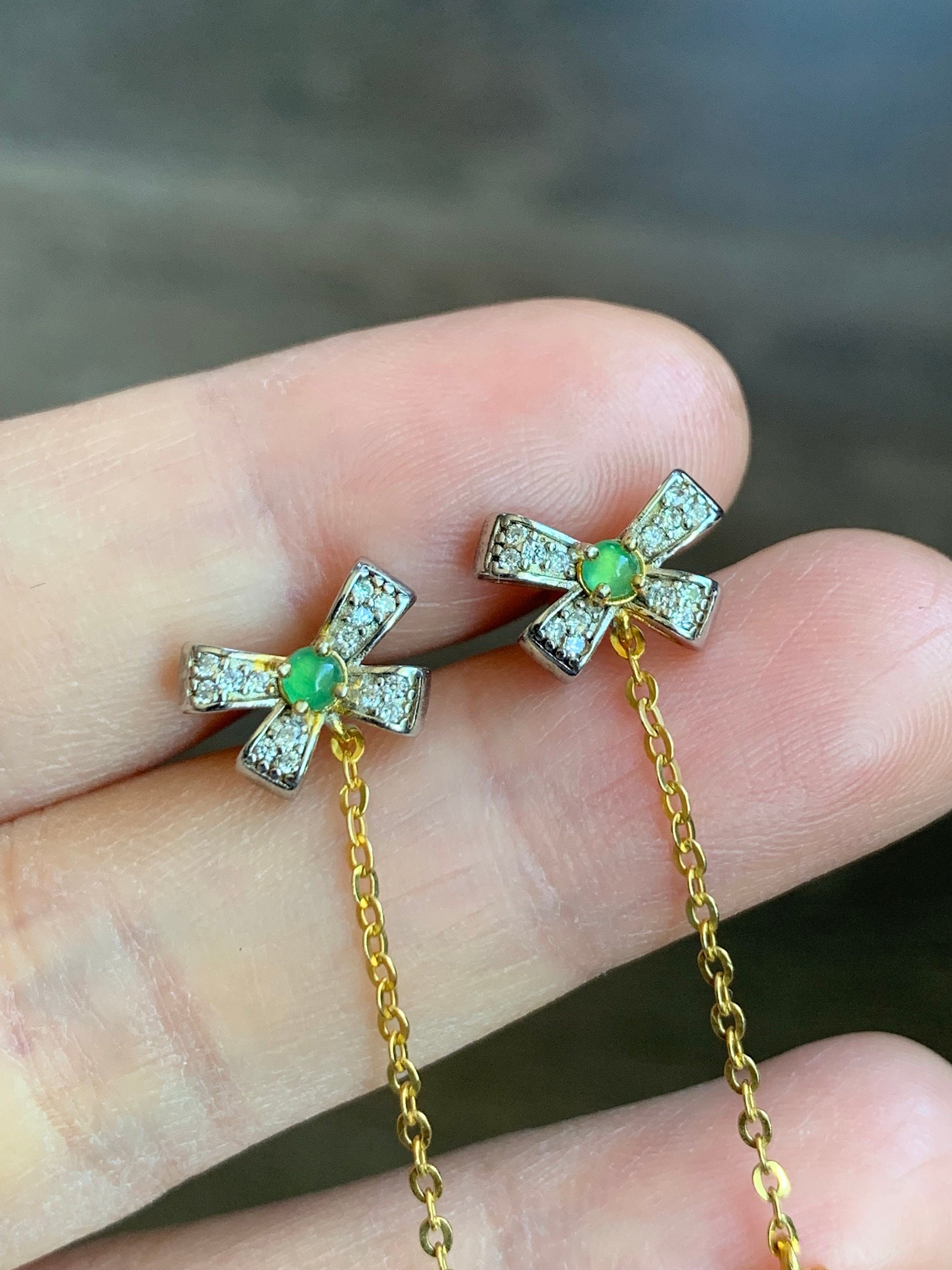 Natural Burmese & Guatemalan Icy Highly Translucent White and Green Jadeite Bow Design Stud Earrings S925 Sterling Silver 天然缅甸白冰翡翠冰绿翡翠银镶耳钉