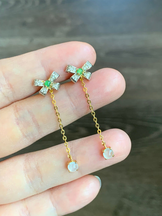 Natural Burmese & Guatemalan Icy Highly Translucent White and Green Jadeite Bow Design Stud Earrings S925 Sterling Silver 天然缅甸白冰翡翠冰绿翡翠银镶耳钉