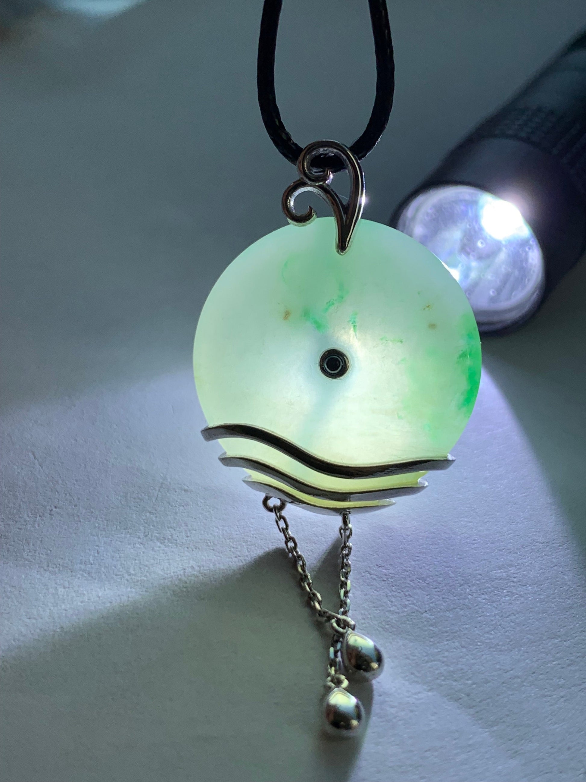 Certified Natural Burmese Translucent Light Green Jadeite Ping An Kou Donut Pendant w/ Blue Sapphire Sterling Silver 天然缅甸细糯飘绿花翡翠平安扣镶嵌吊坠
