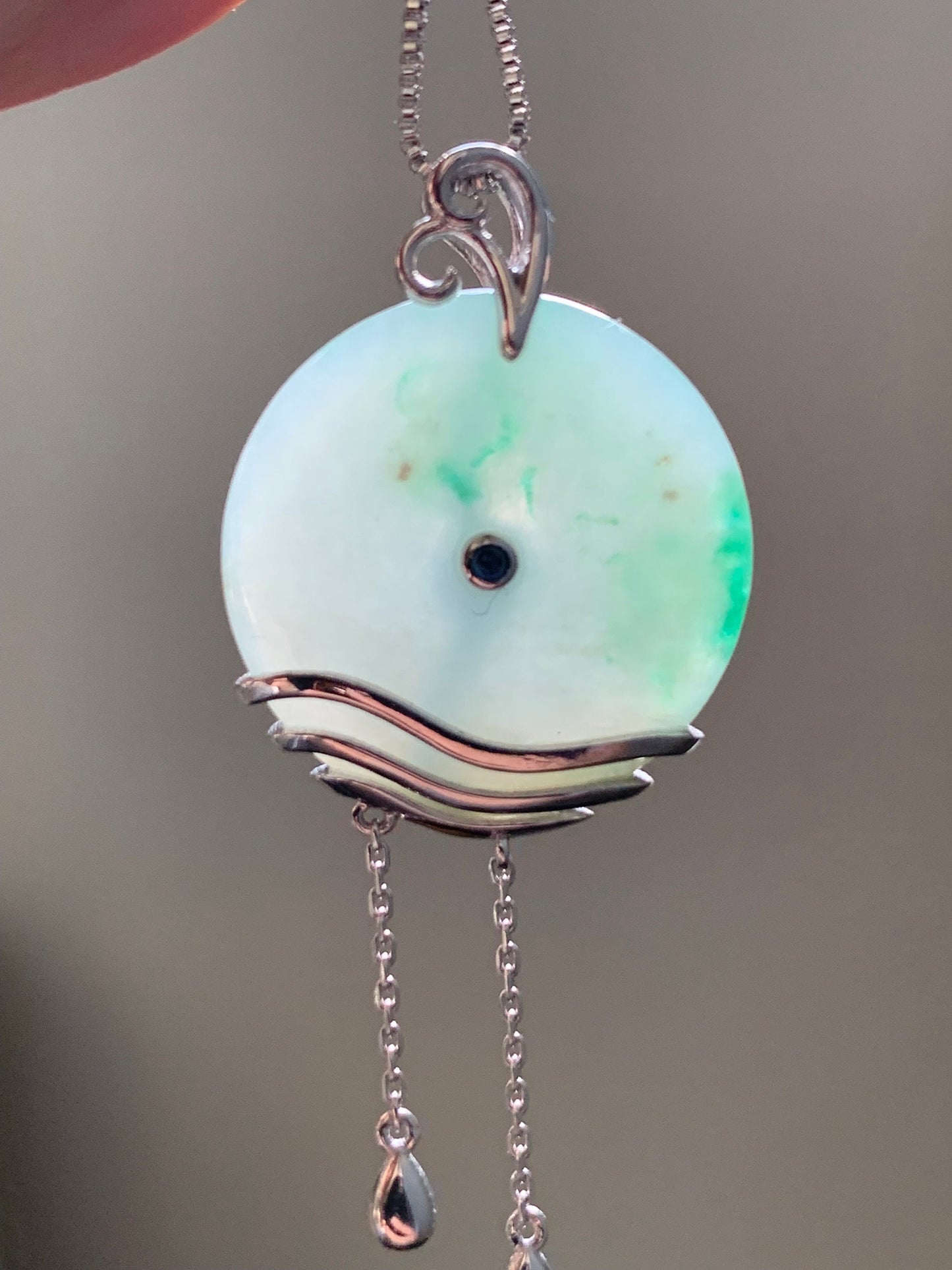 Certified Natural Burmese Translucent Light Green Jadeite Ping An Kou Donut Pendant w/ Blue Sapphire Sterling Silver 天然缅甸细糯飘绿花翡翠平安扣镶嵌吊坠