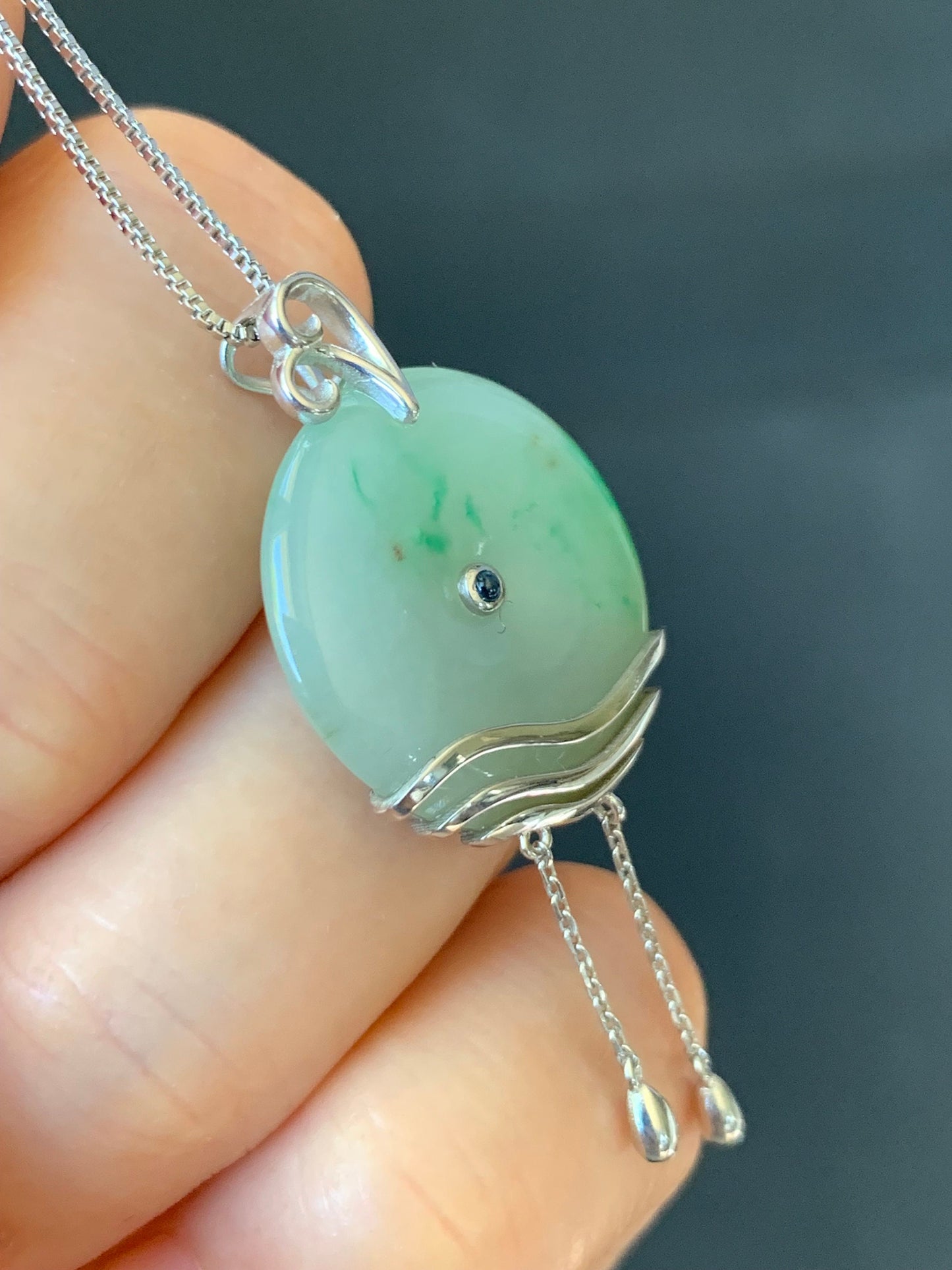 Certified Natural Burmese Translucent Light Green Jadeite Ping An Kou Donut Pendant w/ Blue Sapphire Sterling Silver 天然缅甸细糯飘绿花翡翠平安扣镶嵌吊坠