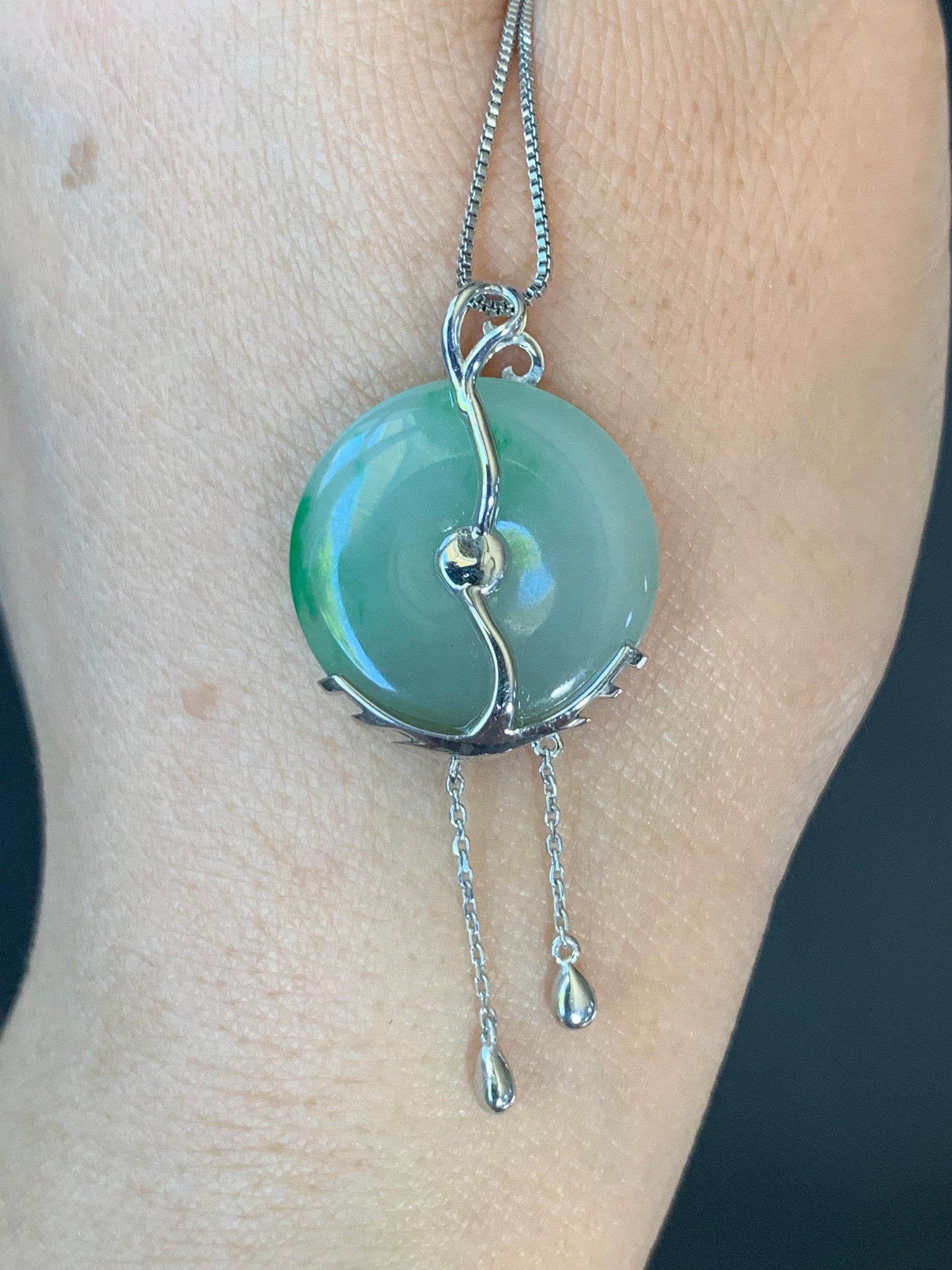 Certified Natural Burmese Translucent Light Green Jadeite Ping An Kou Donut Pendant w/ Blue Sapphire Sterling Silver 天然缅甸细糯飘绿花翡翠平安扣镶嵌吊坠