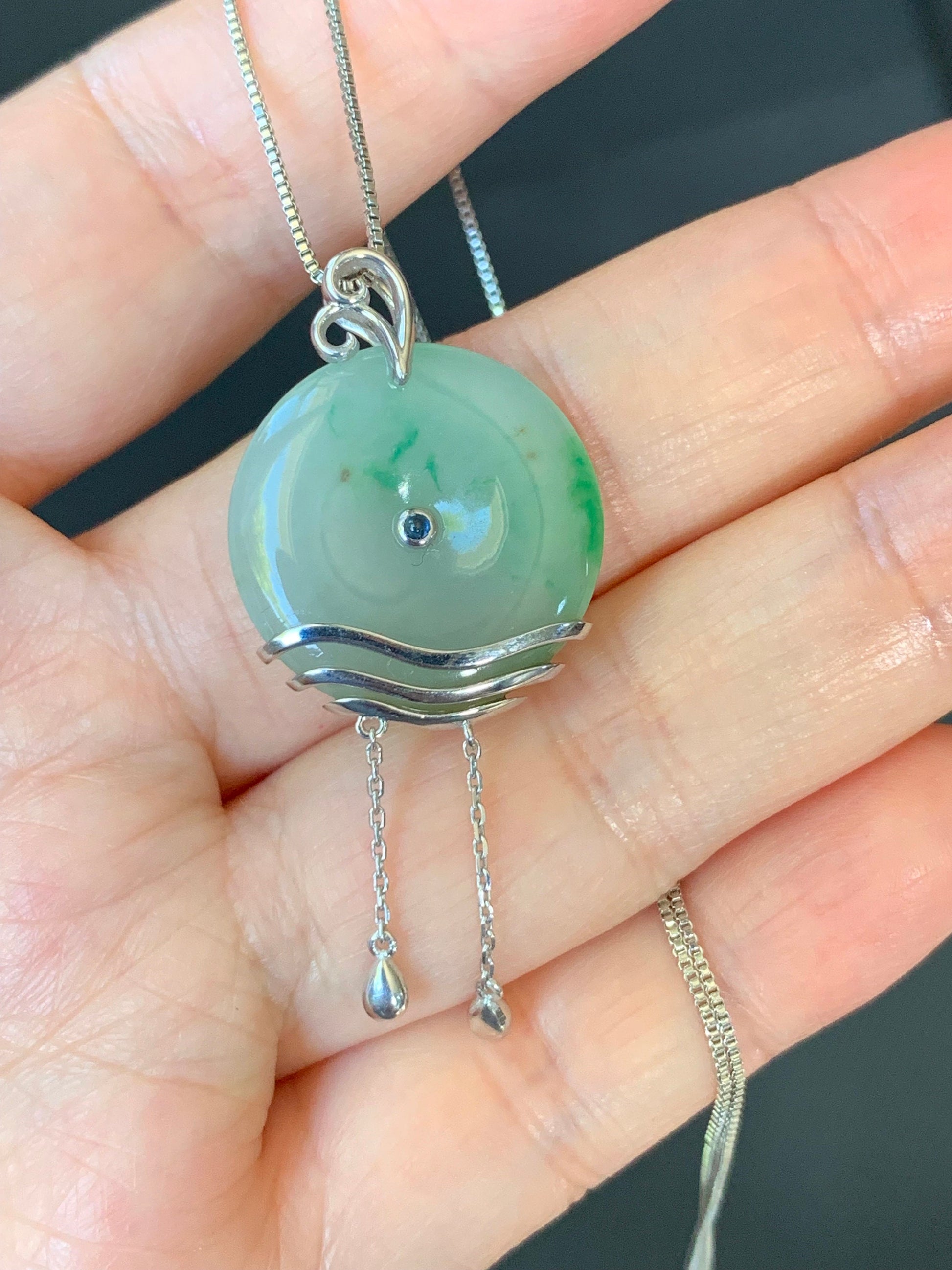 Certified Natural Burmese Translucent Light Green Jadeite Ping An Kou Donut Pendant w/ Blue Sapphire Sterling Silver 天然缅甸细糯飘绿花翡翠平安扣镶嵌吊坠