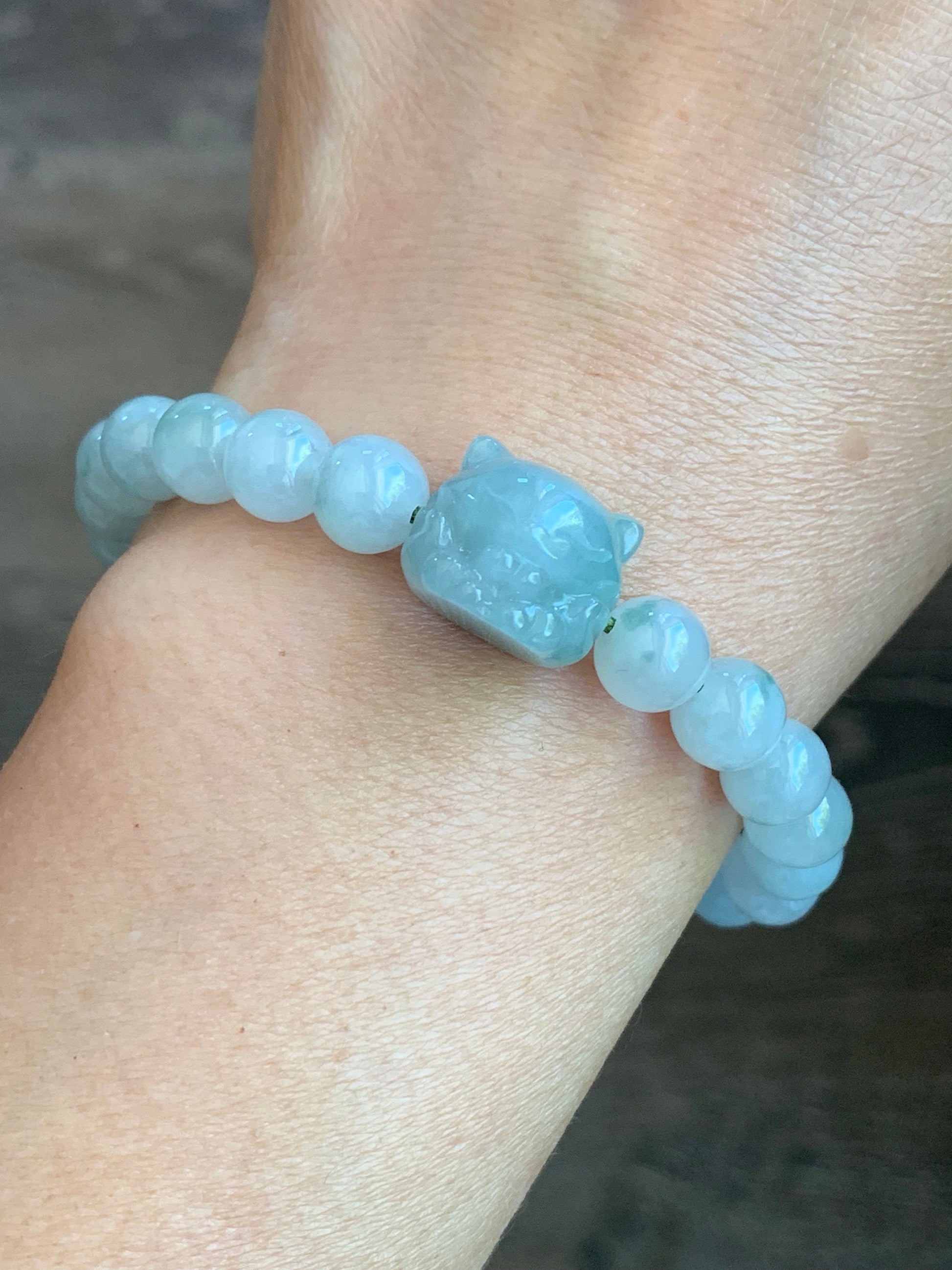 Natural Burmese Icy Translucent Light Green Jadeite Nine-Tailed Fox & Icy White Jadeite w/ Green Marbling Beaded Bracelet 7” 天然缅甸冰晴翡翠九尾狐珠手串