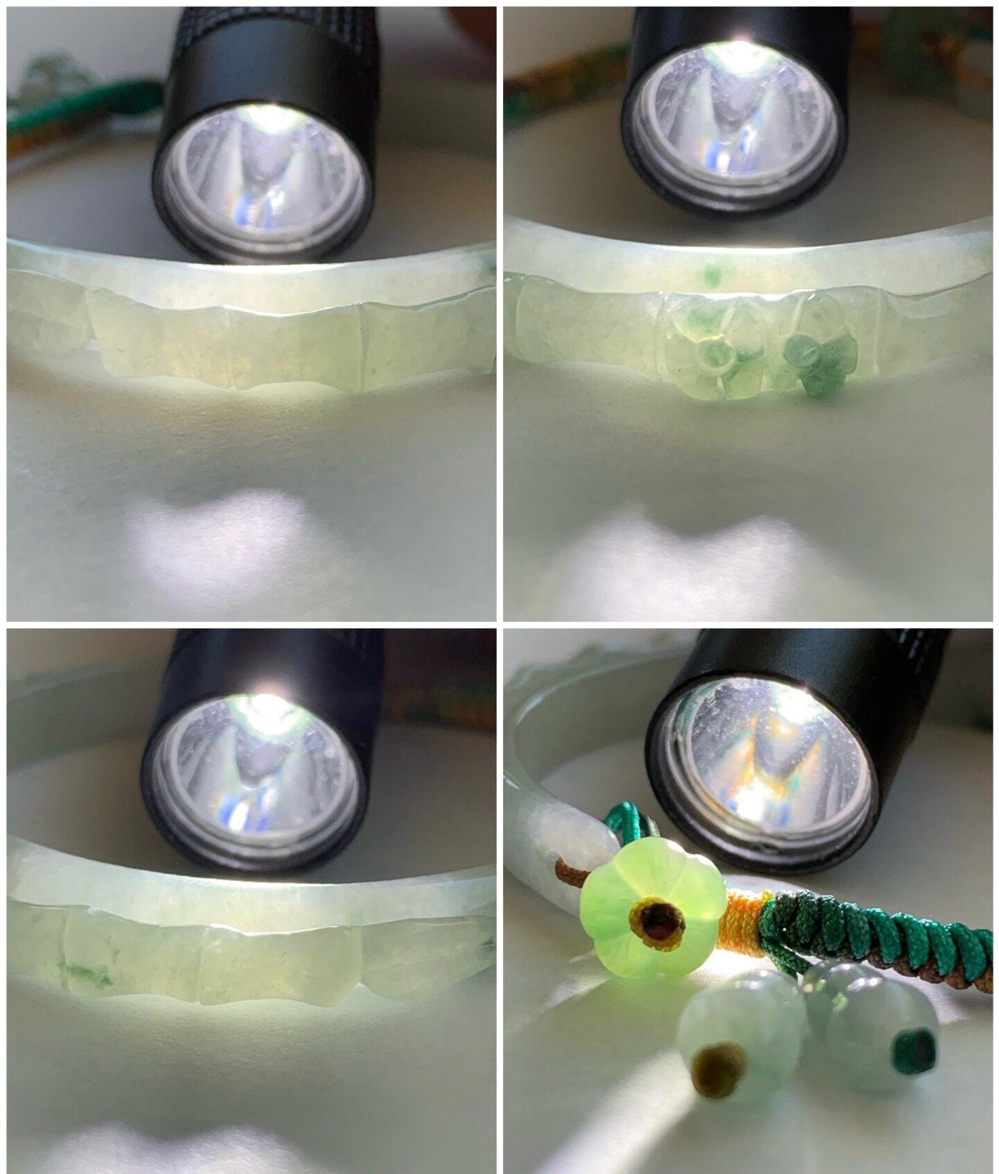 Natural Burmese Icy Translucent Gelatinous Green Marbled Jadeite Half Bangle Bamboo & Cherry Blossom Rope Bracelet 46.5mm 天然缅甸冰胶飘花翡翠半镯竹节梅花手绳