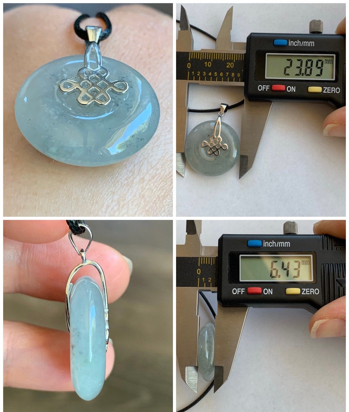 Natural Burmese Highly Translucent & Gelatinous Icy Wuji Jadeite Ping An Kou Pendant Chinese Knot Sterling Silver Bail 天然缅甸起胶冰乌鸡翡翠平安扣中国节款吊坠