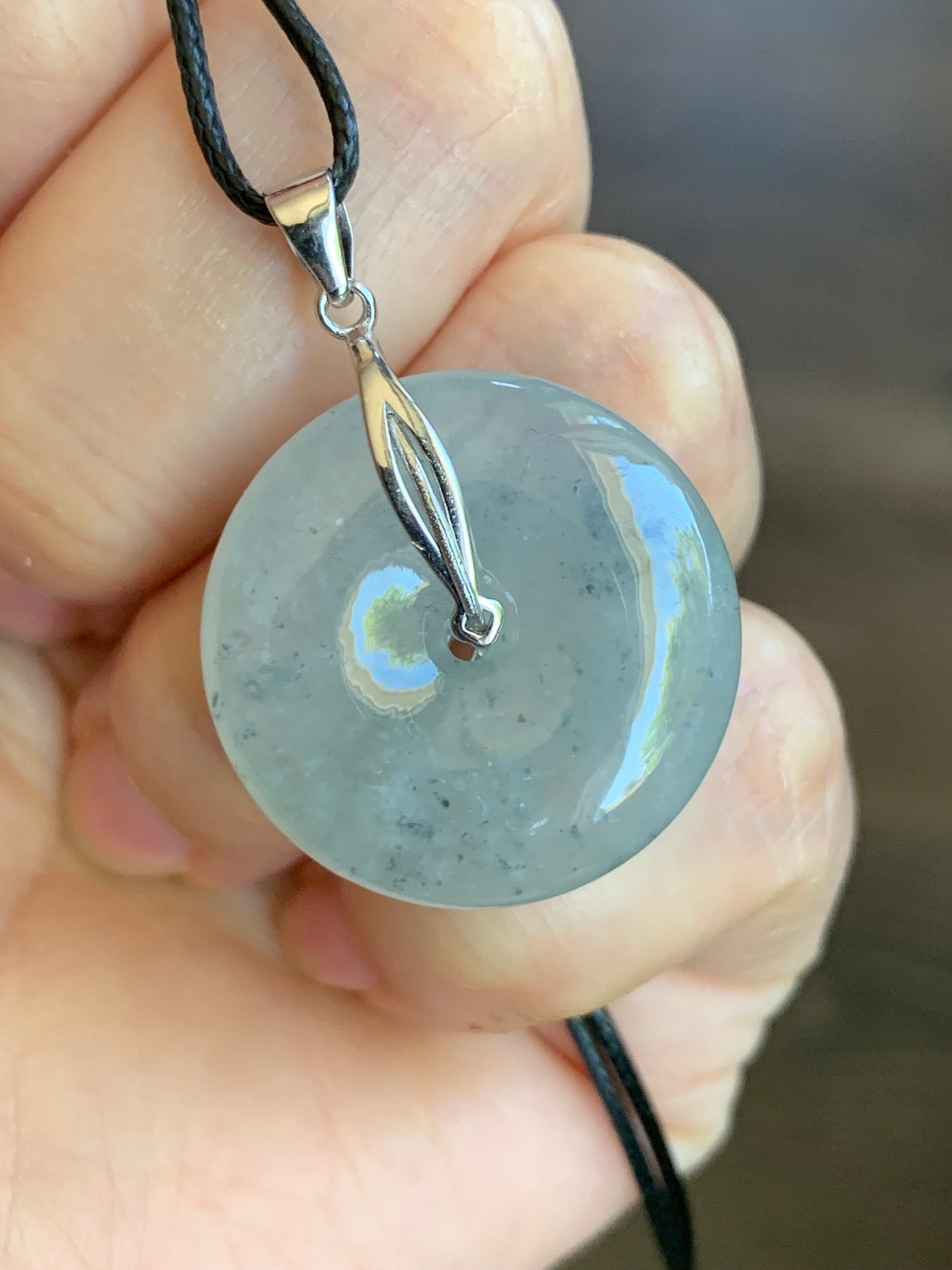 Natural Burmese Highly Translucent & Gelatinous Icy Wuji Jadeite Ping An Kou Pendant Chinese Knot Sterling Silver Bail 天然缅甸起胶冰乌鸡翡翠平安扣中国节款吊坠