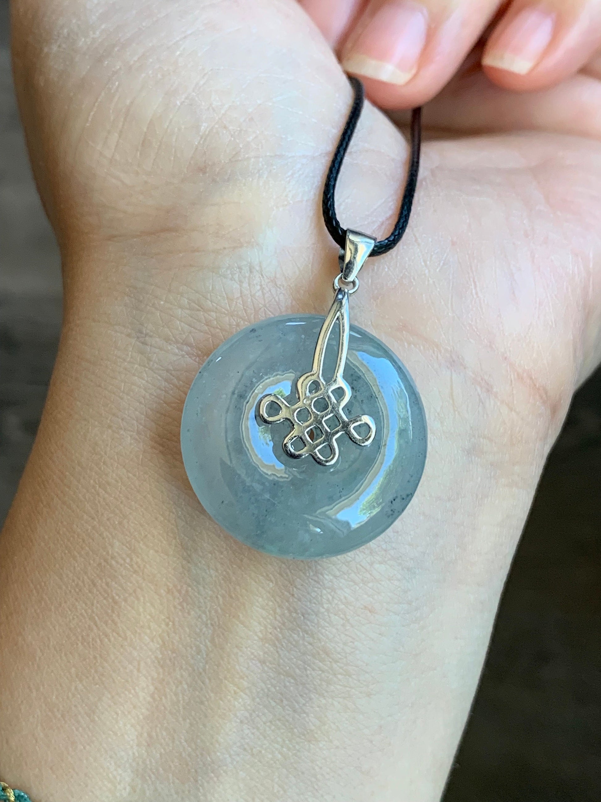 Natural Burmese Highly Translucent & Gelatinous Icy Wuji Jadeite Ping An Kou Pendant Chinese Knot Sterling Silver Bail 天然缅甸起胶冰乌鸡翡翠平安扣中国节款吊坠