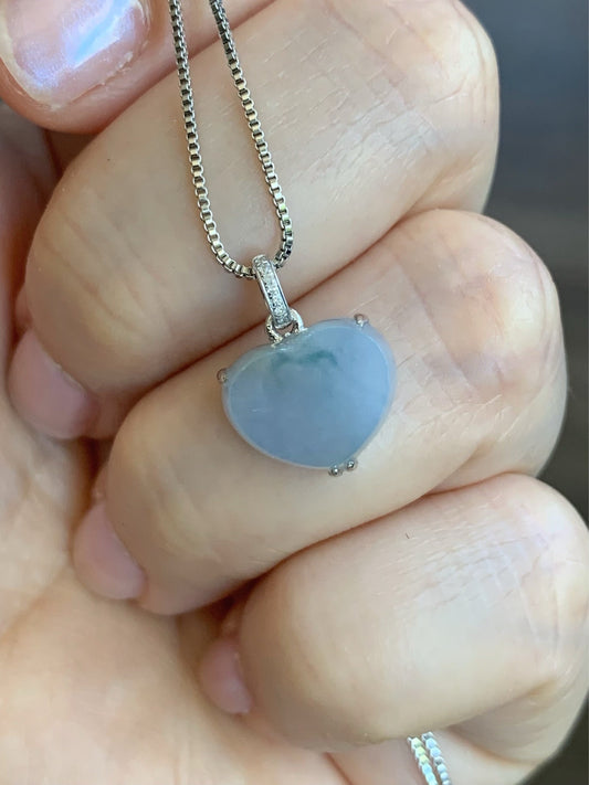 Certified Natural Burmese grade A Icy Translucent Light Purplish Blue Jadeite Heart Pendant 18K White Gold & Diamonds 天然缅甸冰蓝紫翡翠爱心镶嵌吊坠 0341