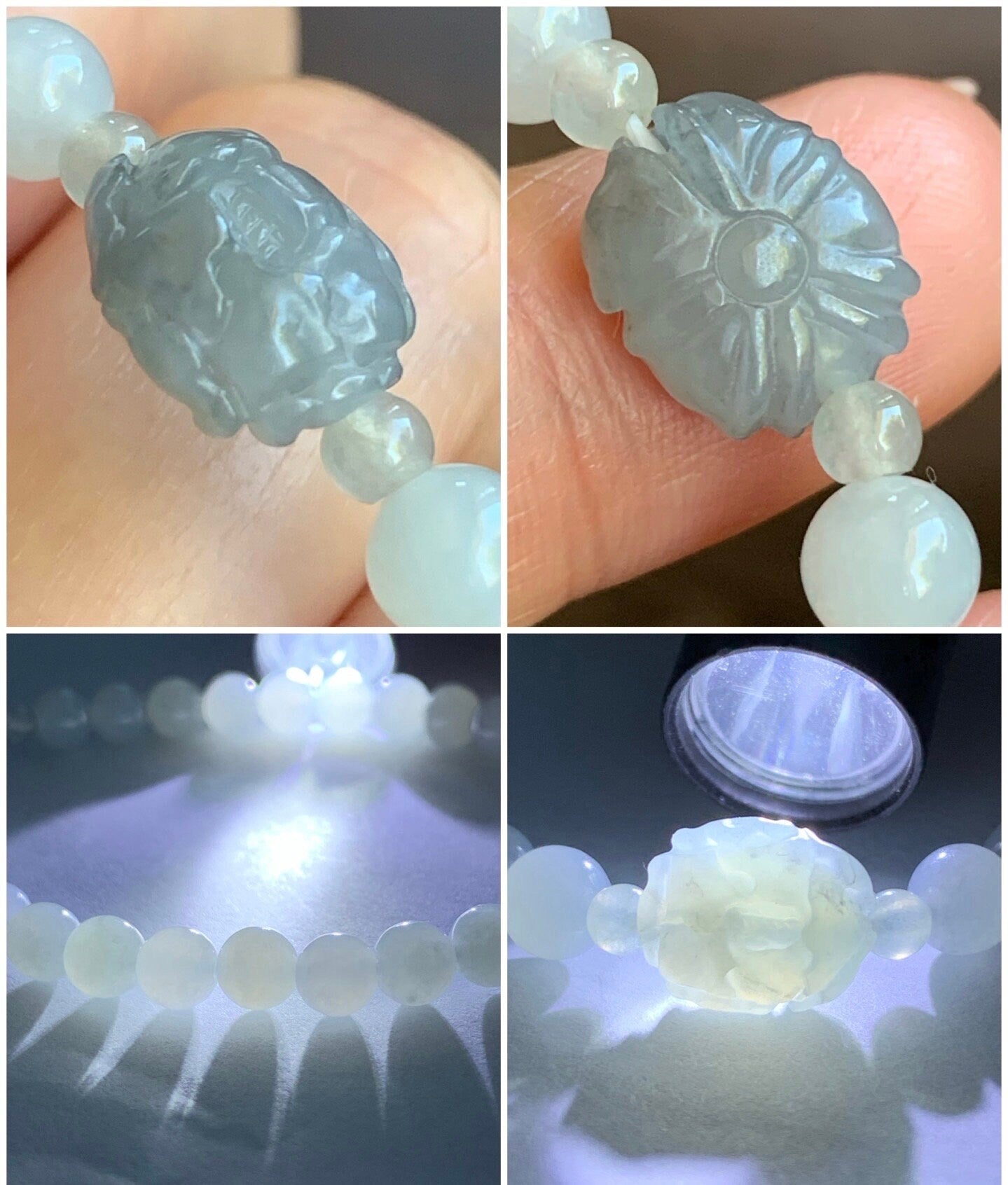Natural Burmese Icy Translucent White Jadeite Beads & Icy Wuji Jadeite Peony Flower Beaded Bracelet 6mm 7” Stretchy 天然缅甸白冰翡翠珠冰乌鸡牡丹花手串