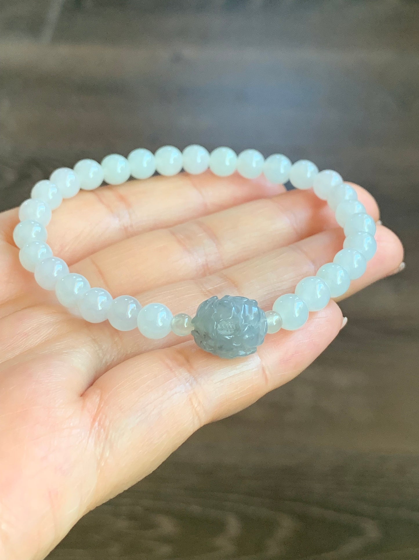 Natural Burmese Icy Translucent White Jadeite Beads & Icy Wuji Jadeite Peony Flower Beaded Bracelet 6mm 7” Stretchy 天然缅甸白冰翡翠珠冰乌鸡牡丹花手串