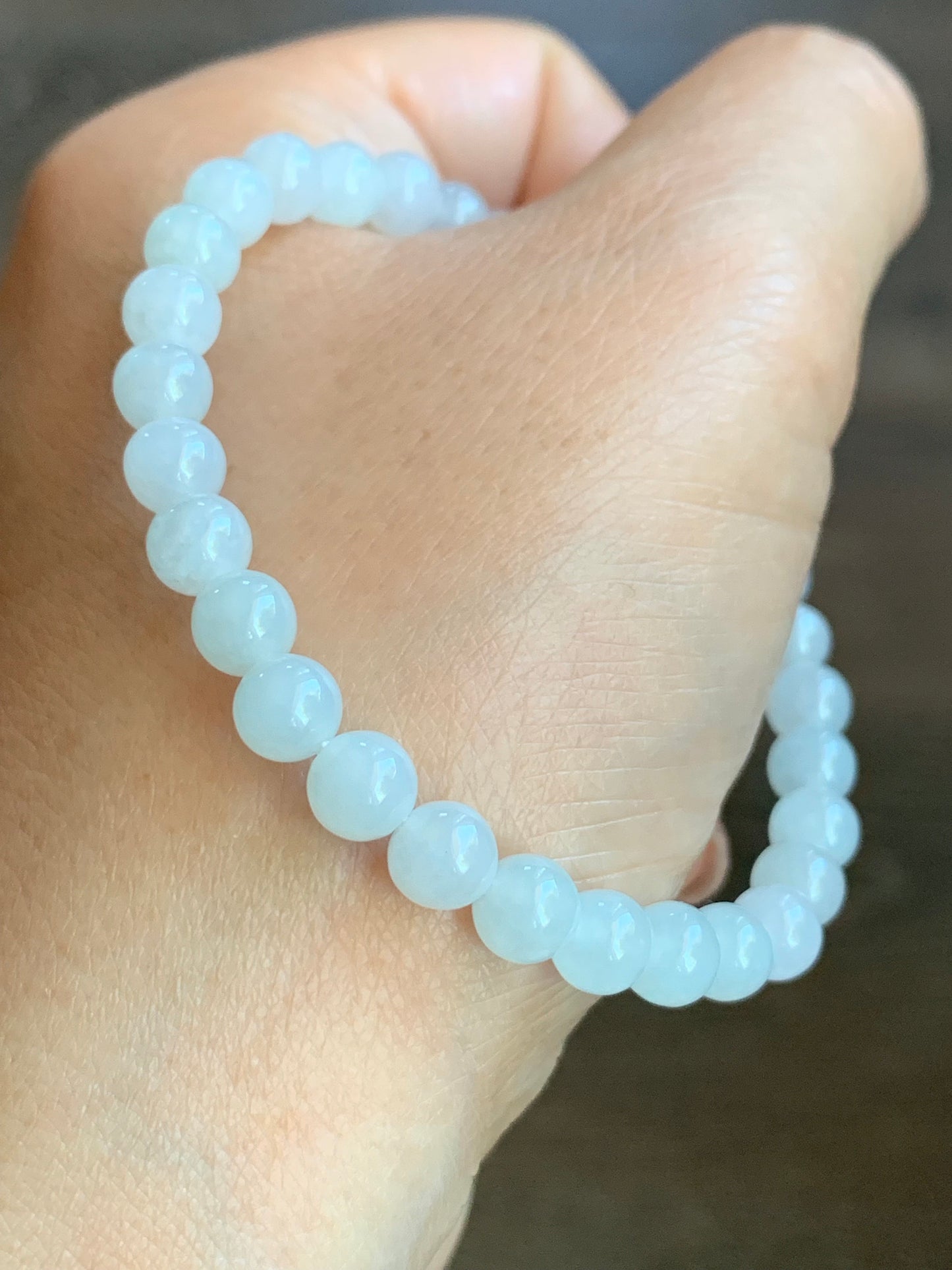 Natural Burmese Icy Translucent White Jadeite Beads & Icy Wuji Jadeite Peony Flower Beaded Bracelet 6mm 7” Stretchy 天然缅甸白冰翡翠珠冰乌鸡牡丹花手串