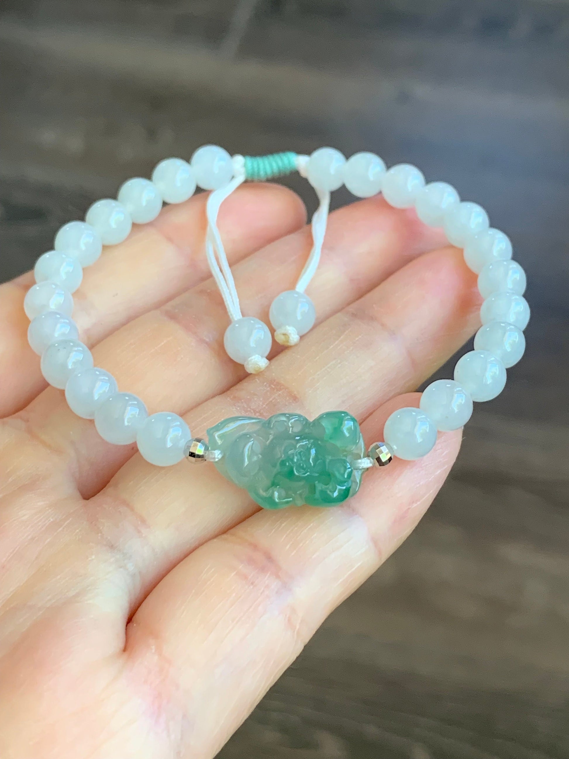 Natural Burmese Icy Highly Translucent Green Marbled Jadeite Carved Lotus Flower White Beads Beaded Bracelet 6.75” 18K Gold 天然缅甸白冰翡翠冰绿飘花莲花手串