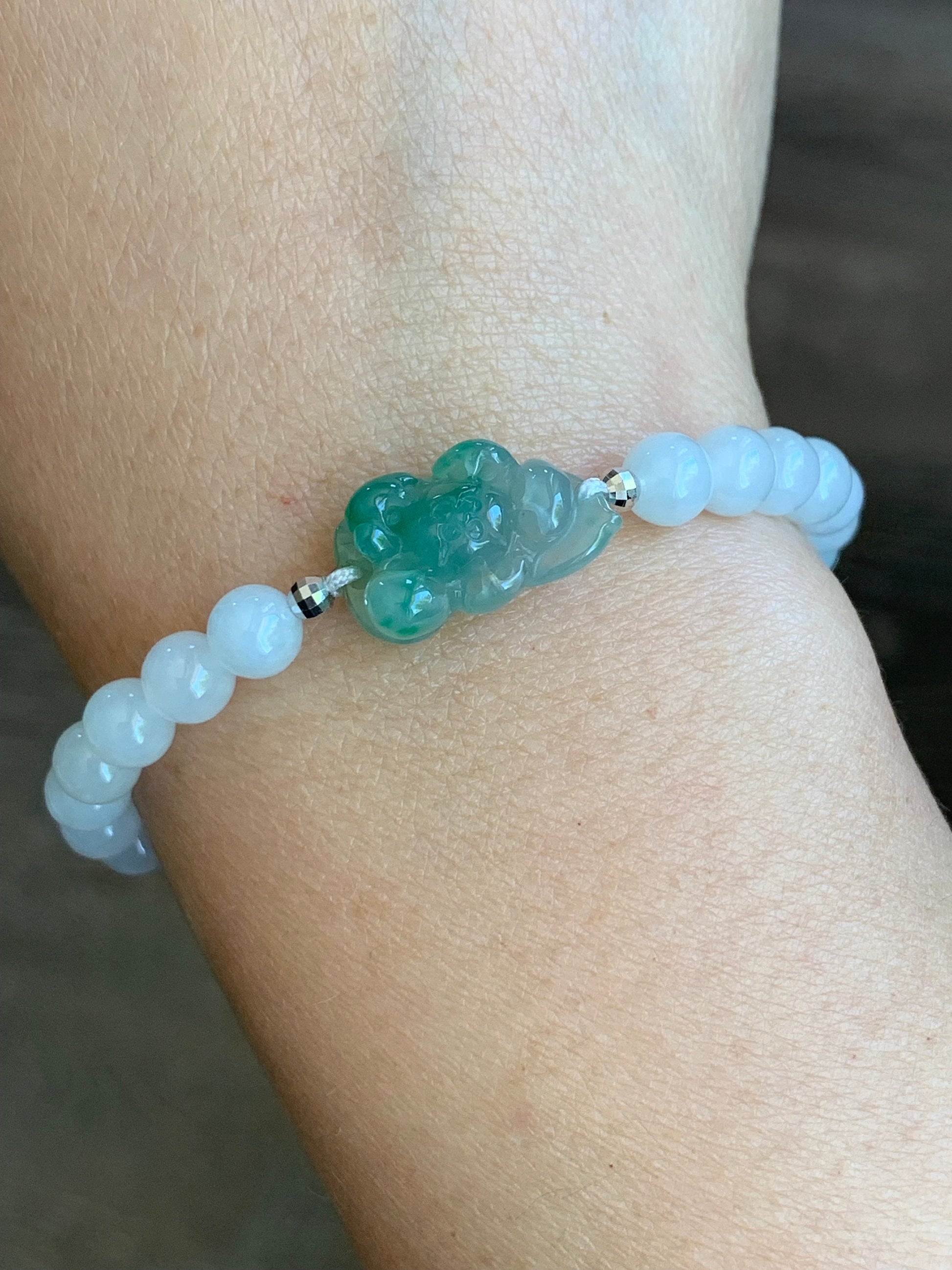 Natural Burmese Icy Highly Translucent Green Marbled Jadeite Carved Lotus Flower White Beads Beaded Bracelet 6.75” 18K Gold 天然缅甸白冰翡翠冰绿飘花莲花手串