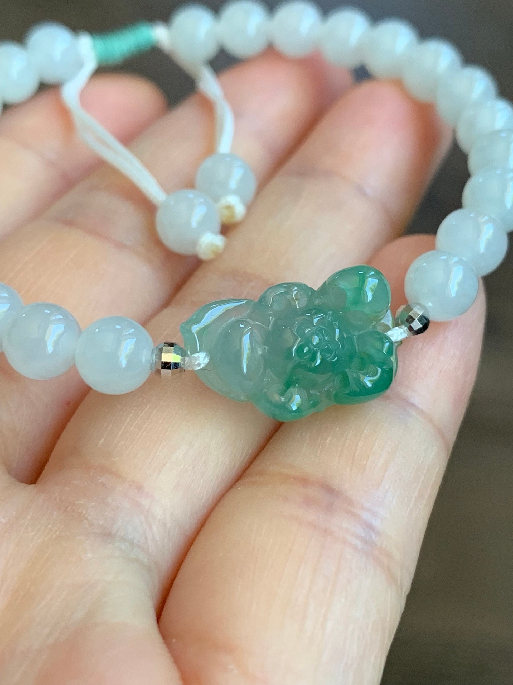 Natural Burmese Icy Highly Translucent Green Marbled Jadeite Carved Lotus Flower White Beads Beaded Bracelet 6.75” 18K Gold 天然缅甸白冰翡翠冰绿飘花莲花手串