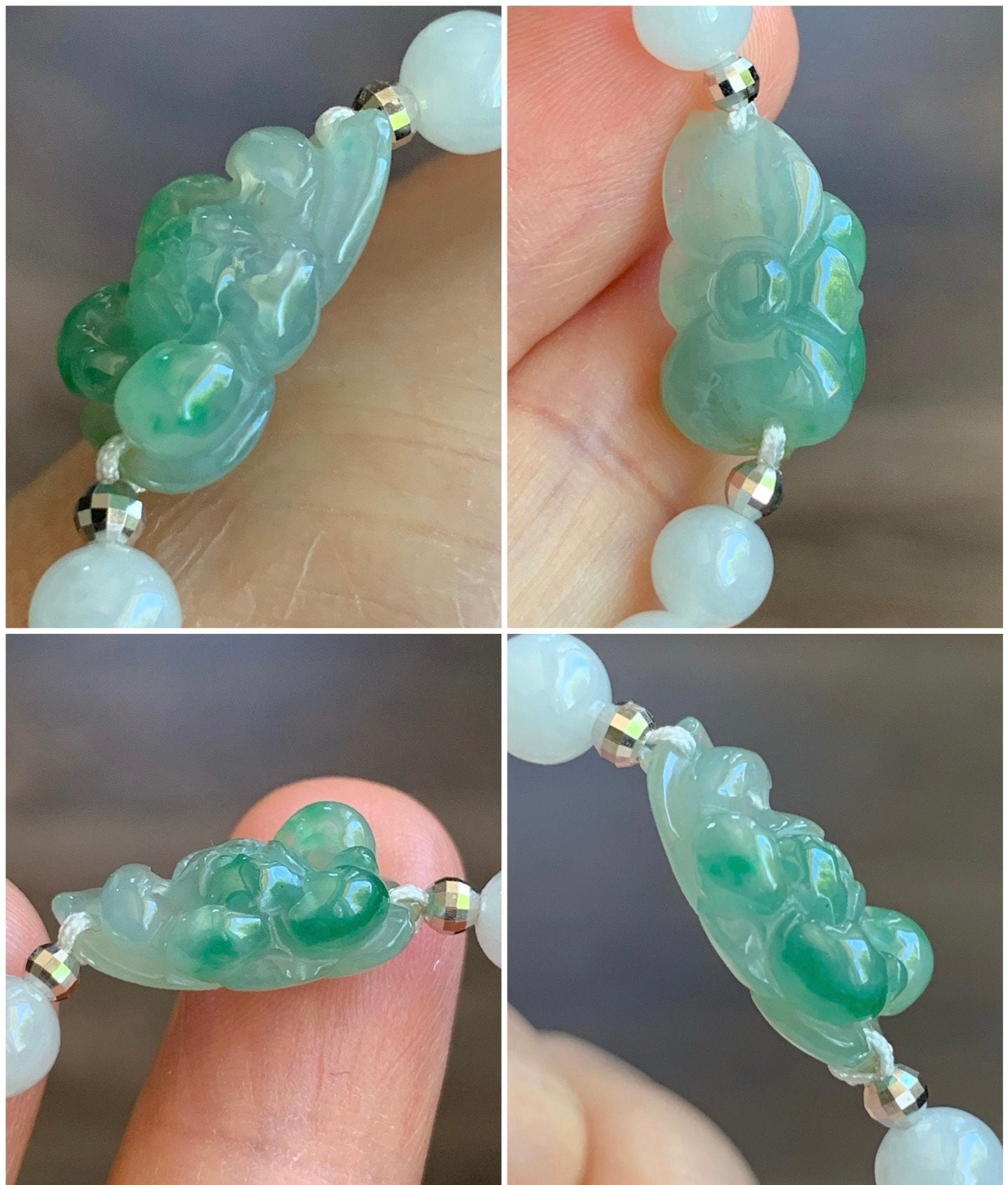 Natural Burmese Icy Highly Translucent Green Marbled Jadeite Carved Lotus Flower White Beads Beaded Bracelet 6.75” 18K Gold 天然缅甸白冰翡翠冰绿飘花莲花手串