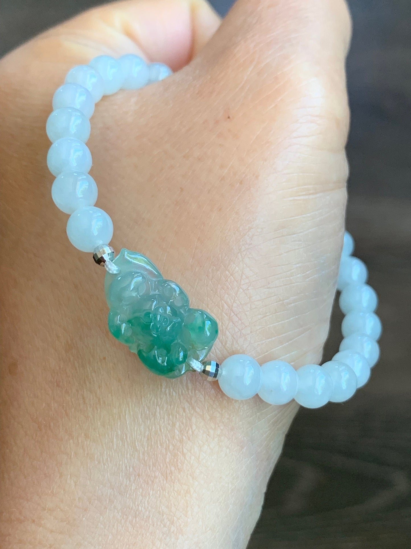 Natural Burmese Icy Highly Translucent Green Marbled Jadeite Carved Lotus Flower White Beads Beaded Bracelet 6.75” 18K Gold 天然缅甸白冰翡翠冰绿飘花莲花手串