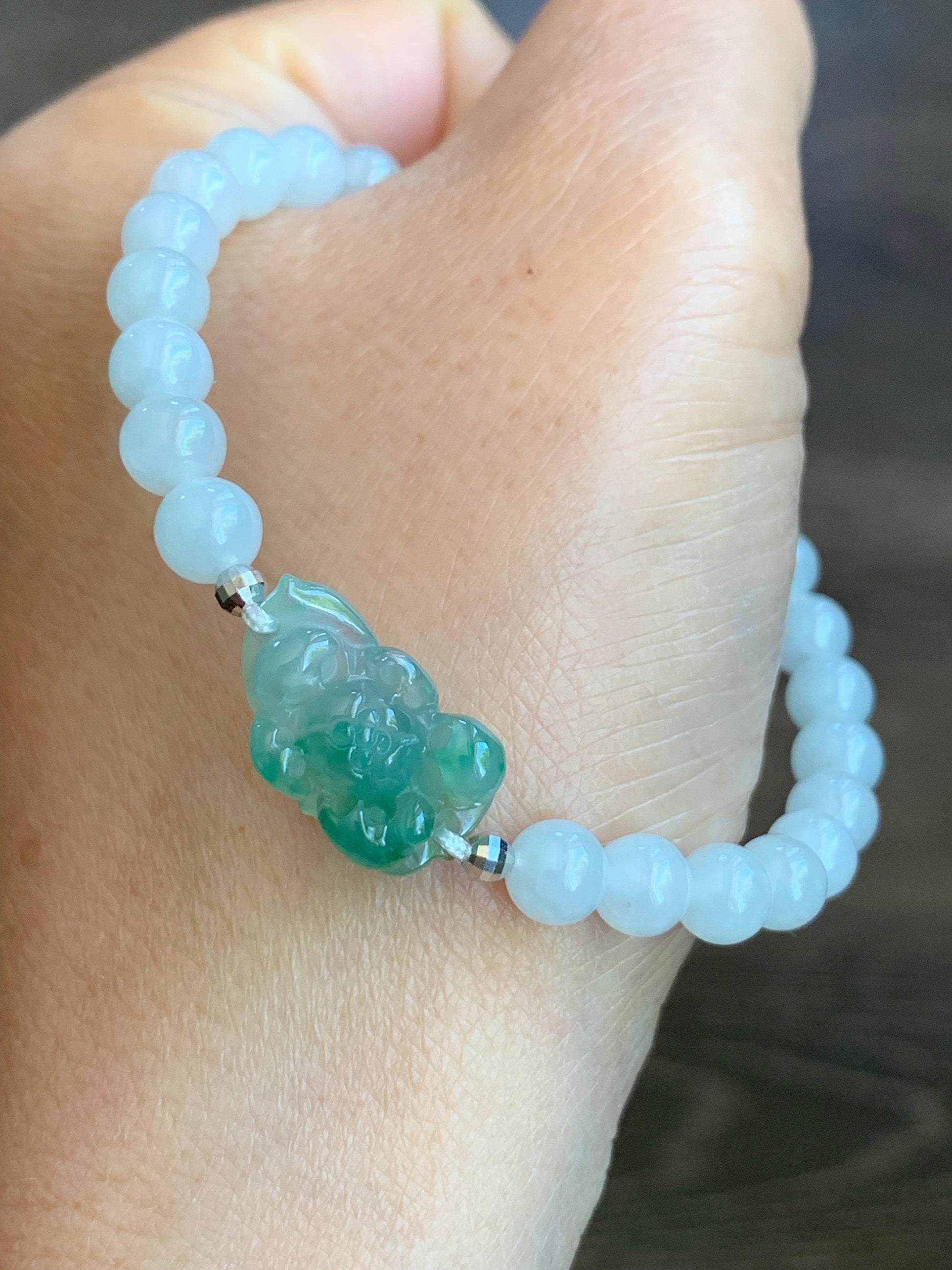 Natural Burmese Icy Highly Translucent Green Marbled Jadeite Carved Lotus Flower White Beads Beaded Bracelet 6.75” 18K Gold 天然缅甸白冰翡翠冰绿飘花莲花手串