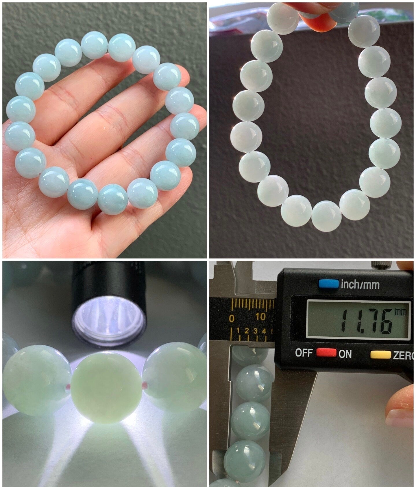 Large Natural Burmese Icy Translucent & Gelatinous Light Blue Sky Blue Jadeite Mala Beaded Bracelet 11.7mm 8” 天然缅甸糯冰胶天空蓝翡翠手串 TKL611