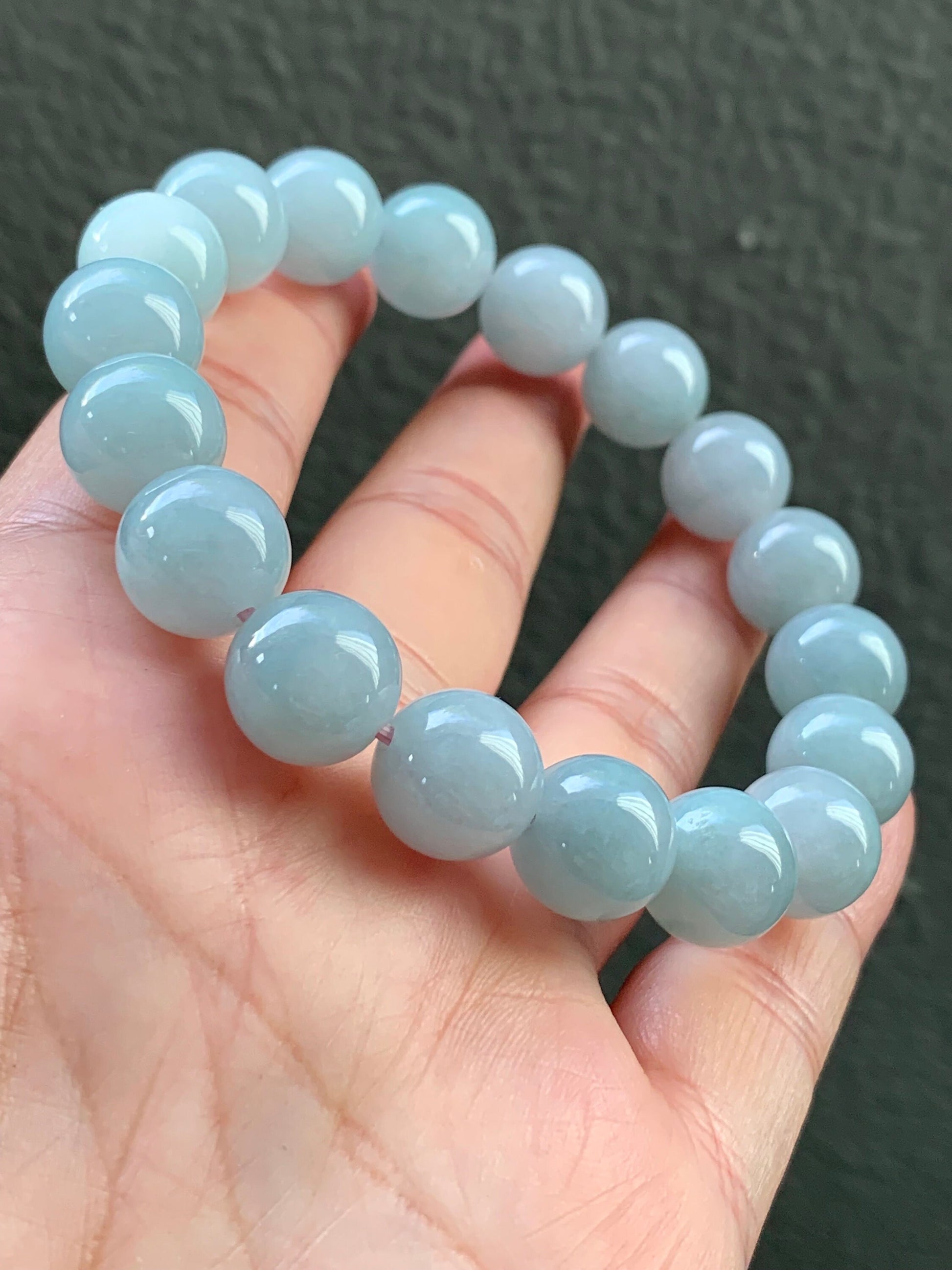 Large Natural Burmese Icy Translucent & Gelatinous Light Blue Sky Blue Jadeite Mala Beaded Bracelet 11.7mm 8” 天然缅甸糯冰胶天空蓝翡翠手串 TKL611
