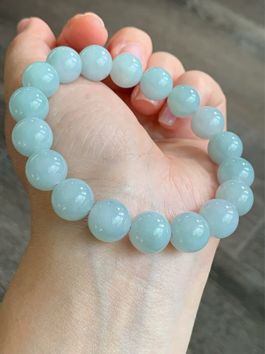 Large Natural Burmese Icy Translucent & Gelatinous Light Blue Sky Blue Jadeite Mala Beaded Bracelet 11.7mm 8” 天然缅甸糯冰胶天空蓝翡翠手串 TKL611