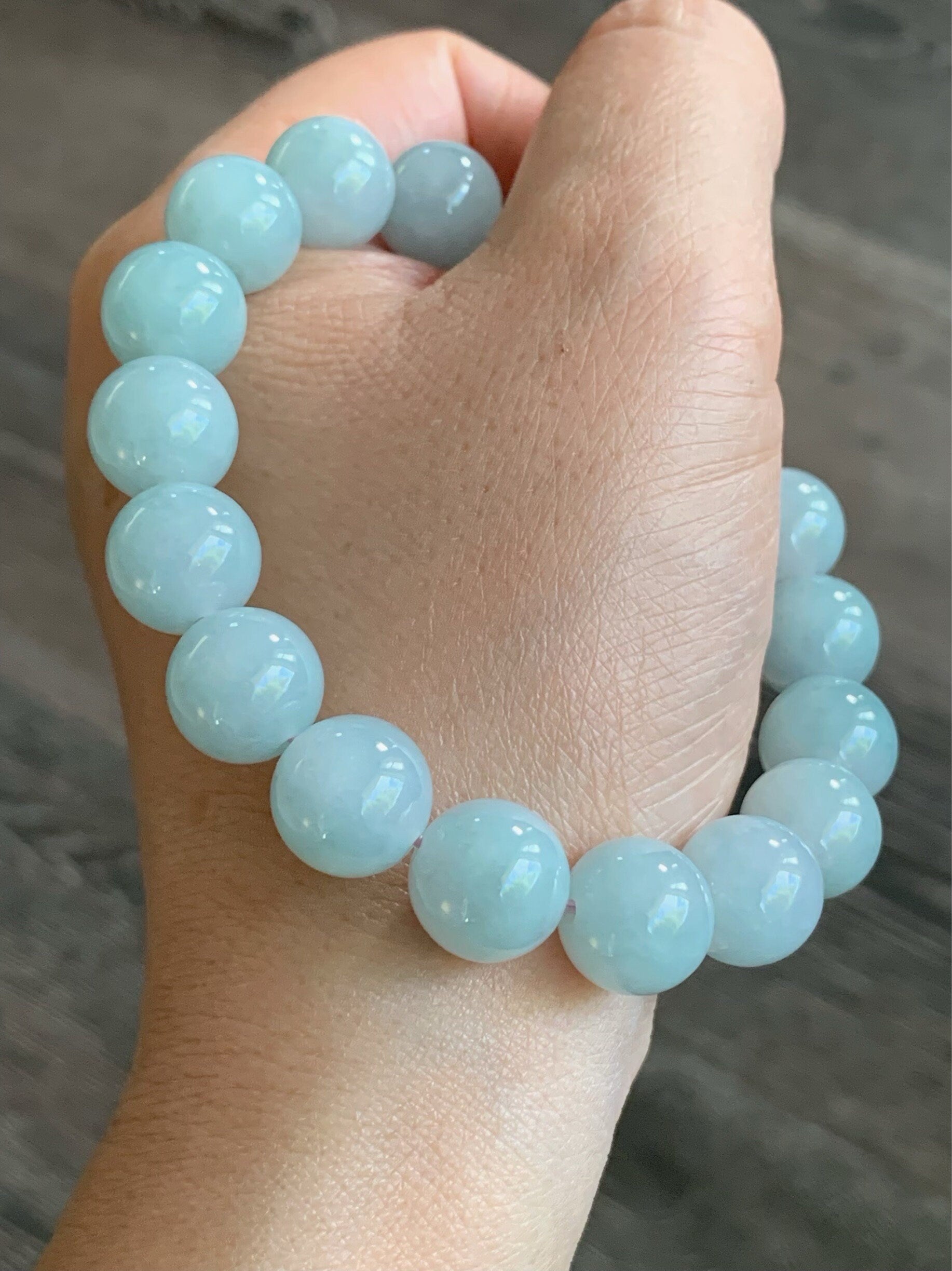 Large Natural Burmese Icy Translucent & Gelatinous Light Blue Sky Blue Jadeite Mala Beaded Bracelet 11.7mm 8” 天然缅甸糯冰胶天空蓝翡翠手串 TKL611