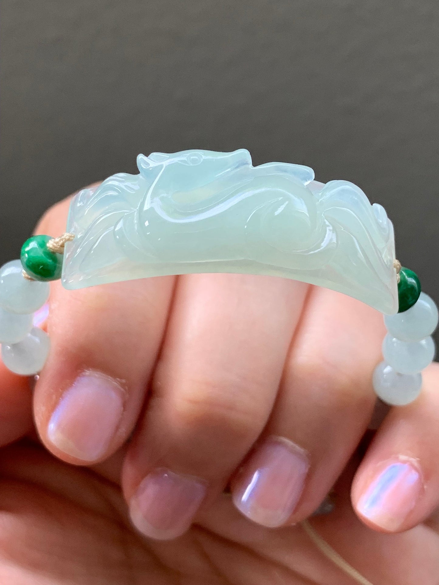 Stunning Natural Burmese Icy Translucent Gelatinous Light Green Jadeite Carved 9-Tailed Fox Beaded Bracelet 天然缅甸冰胶晴底翡翠九尾狐手牌手串