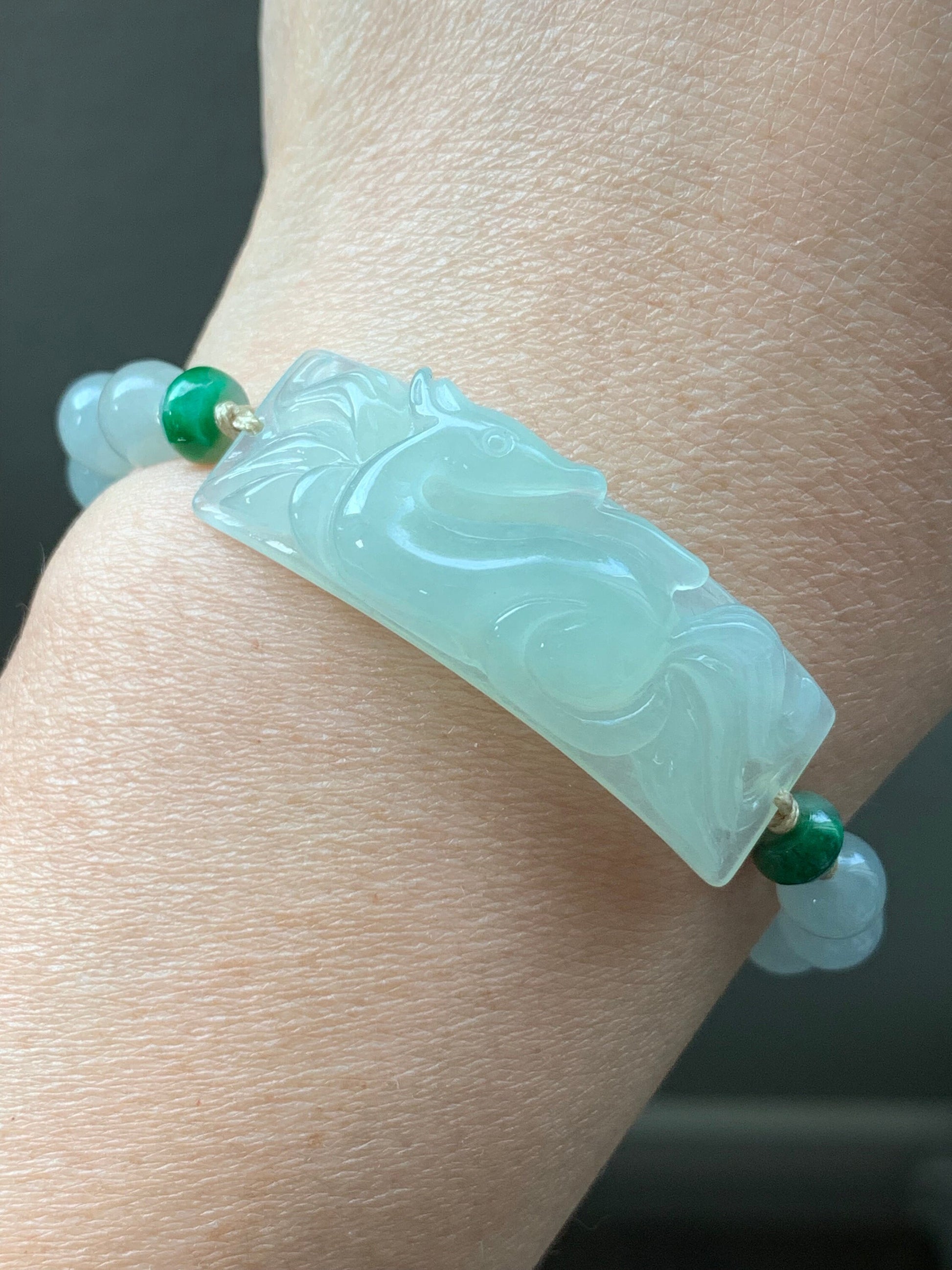 Stunning Natural Burmese Icy Translucent Gelatinous Light Green Jadeite Carved 9-Tailed Fox Beaded Bracelet 天然缅甸冰胶晴底翡翠九尾狐手牌手串
