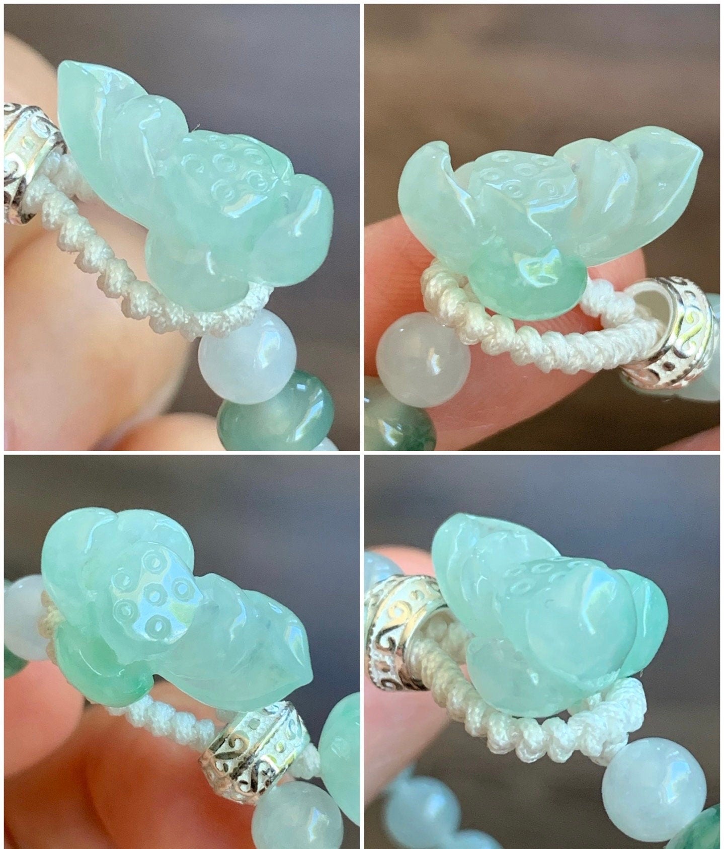 Natural Burmese Grade A Icy Translucent Light Green Jadeite Green Marbling Lotus Flower Beaded Bracelet Sterling Silver 7” 天然缅甸冰晴飘绿翡翠莲花足银珠手串