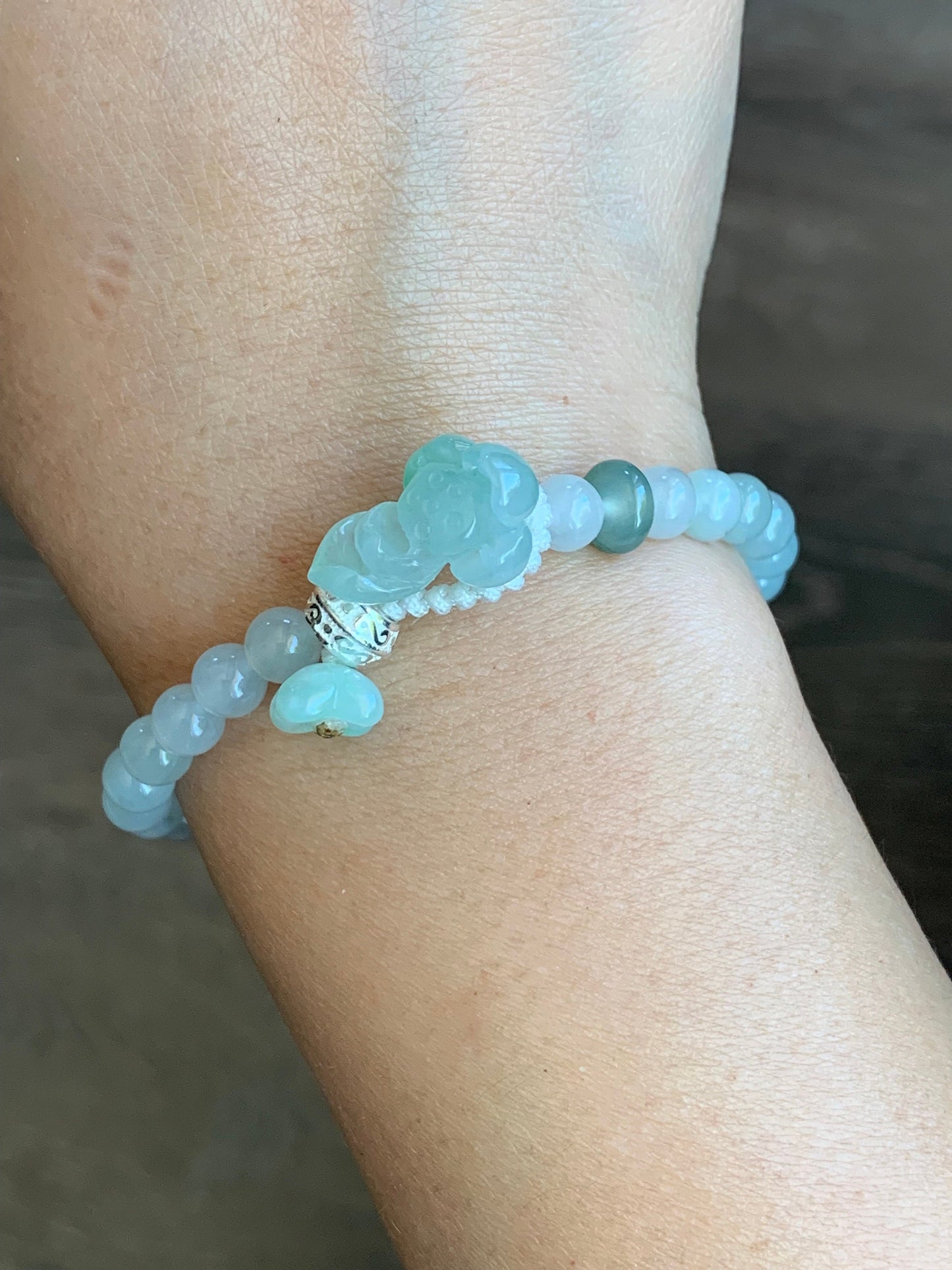 Natural Burmese Grade A Icy Translucent Light Green Jadeite Green Marbling Lotus Flower Beaded Bracelet Sterling Silver 7” 天然缅甸冰晴飘绿翡翠莲花足银珠手串