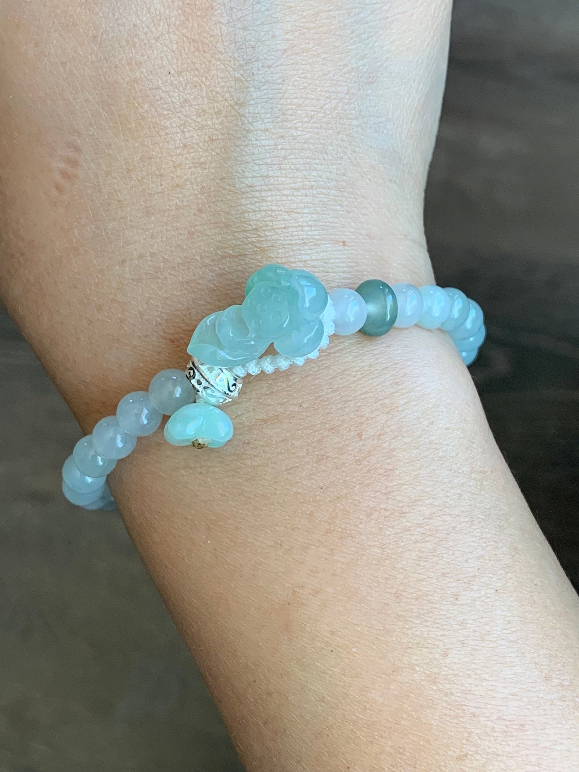Natural Burmese Grade A Icy Translucent Light Green Jadeite Green Marbling Lotus Flower Beaded Bracelet Sterling Silver 7” 天然缅甸冰晴飘绿翡翠莲花足银珠手串