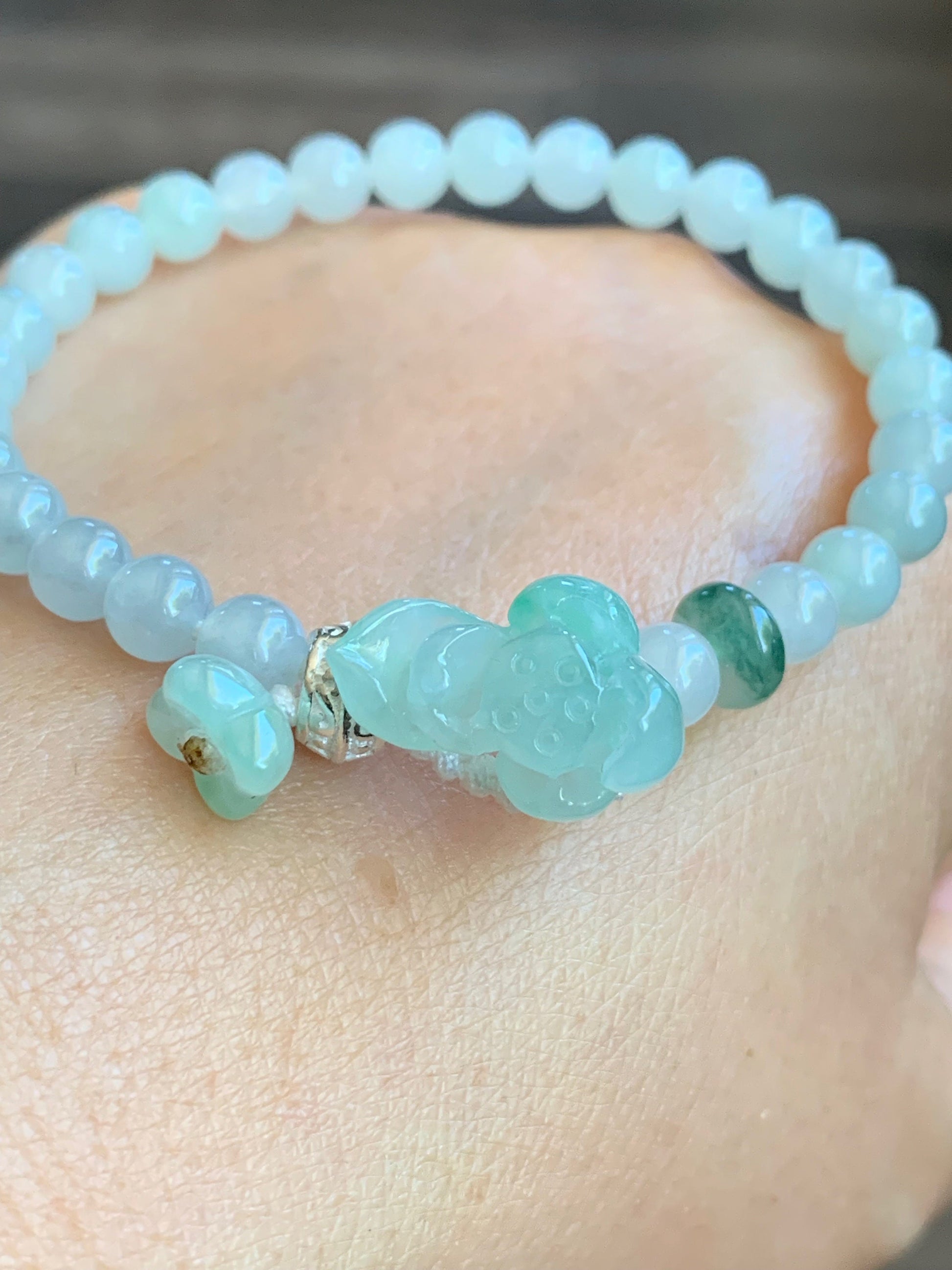 Natural Burmese Grade A Icy Translucent Light Green Jadeite Green Marbling Lotus Flower Beaded Bracelet Sterling Silver 7” 天然缅甸冰晴飘绿翡翠莲花足银珠手串