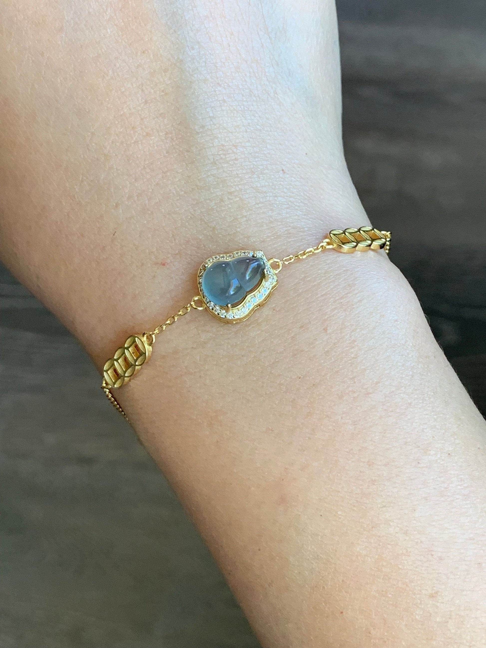 Natural Guatemalan Icy Highly Translucent Light Dusty Blue Jadeite Gourd Hulu Bracelet Sterling Silver Adjustable 6”-7.25” 天然冰危蓝翡翠葫芦银镶手链