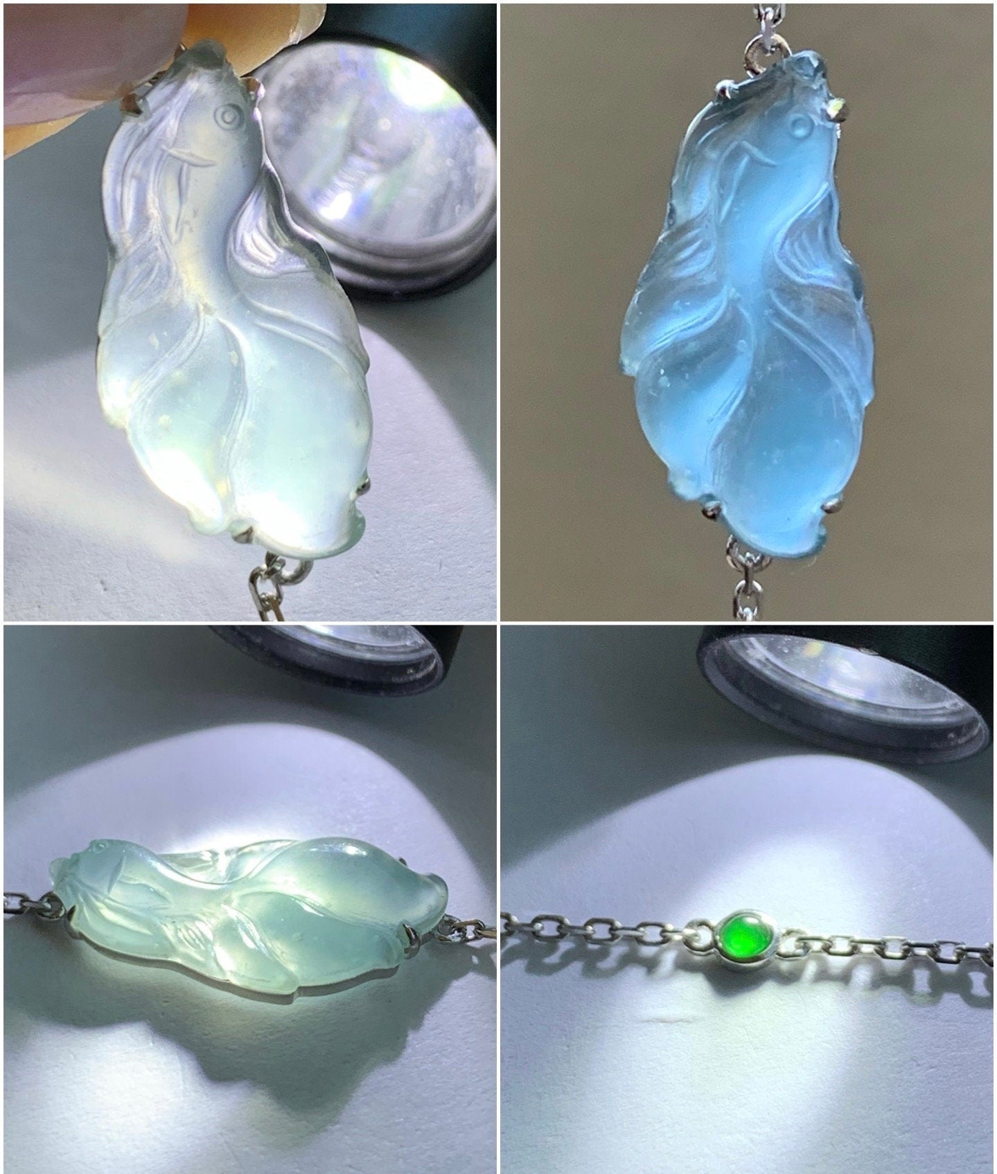 Certified Natural Guatemalan Icy Highly Translucent Dusty Blue Jadeite Betta Fish Bracelet 18K White Gold 6.25”-7.25” 天然冰危蓝绿翡翠斗鱼金镶手链 343