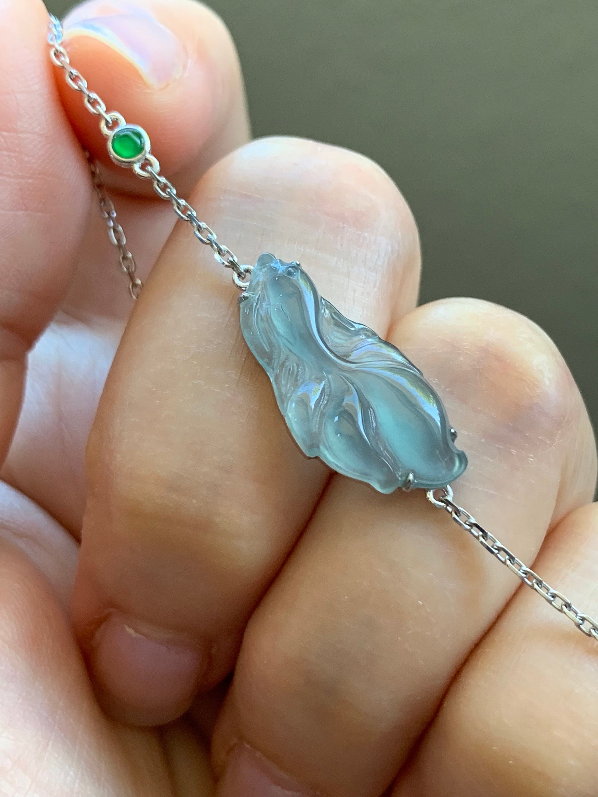 Certified Natural Guatemalan Icy Highly Translucent Dusty Blue Jadeite Betta Fish Bracelet 18K White Gold 6.25”-7.25” 天然冰危蓝绿翡翠斗鱼金镶手链 343