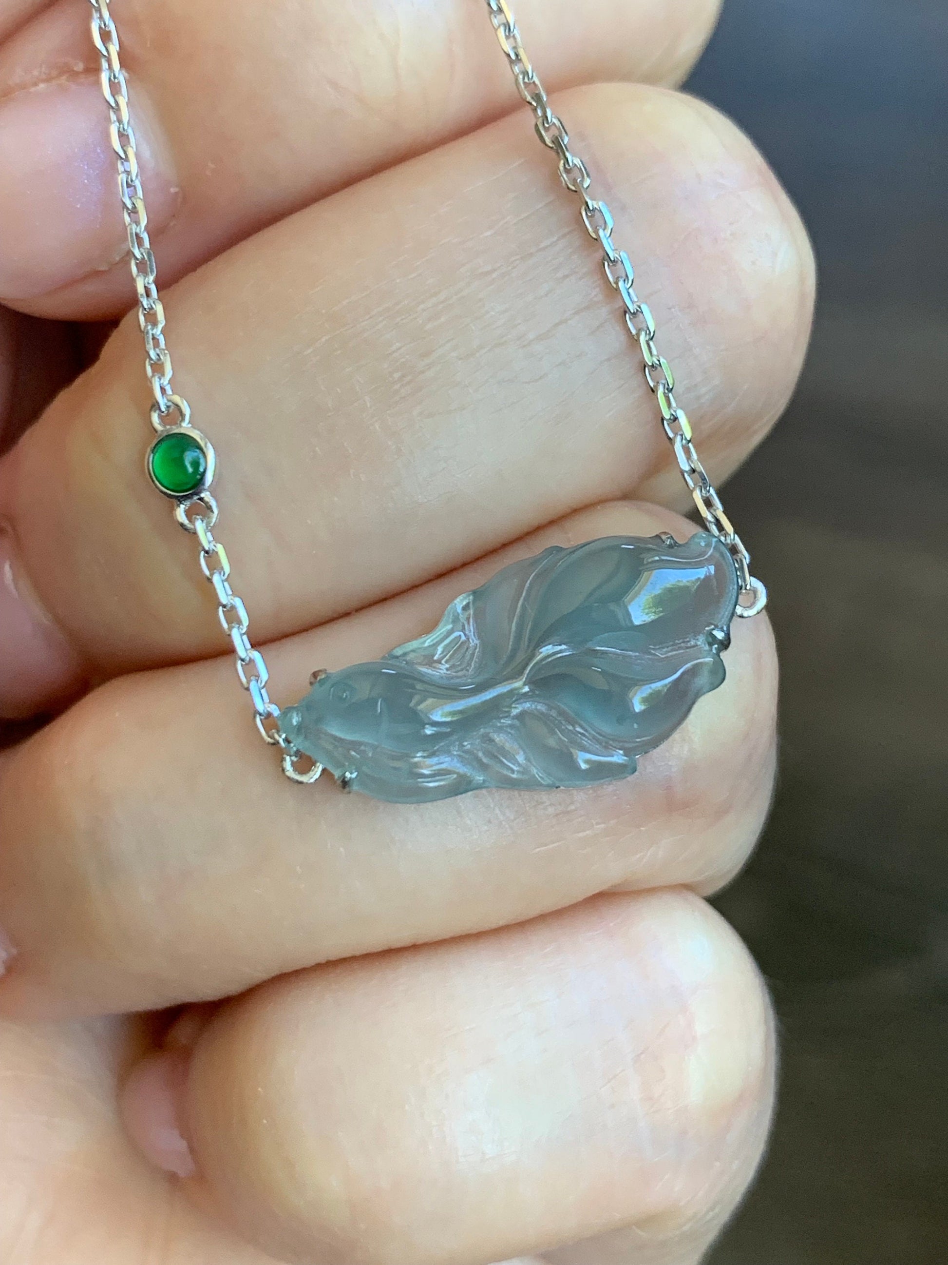 Certified Natural Guatemalan Icy Highly Translucent Dusty Blue Jadeite Betta Fish Bracelet 18K White Gold 6.25”-7.25” 天然冰危蓝绿翡翠斗鱼金镶手链 343