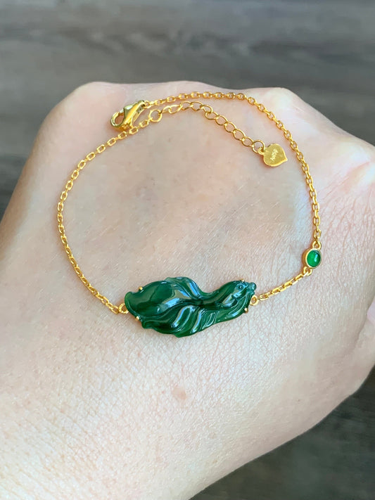 Certified Natural Guatemalan Icy Highly Translucent Rich Green Jadeite Betta Fish Bracelet 18K Yellow Gold 6.25”-7.25” 天然冰危绿翡翠斗鱼金镶手链 344