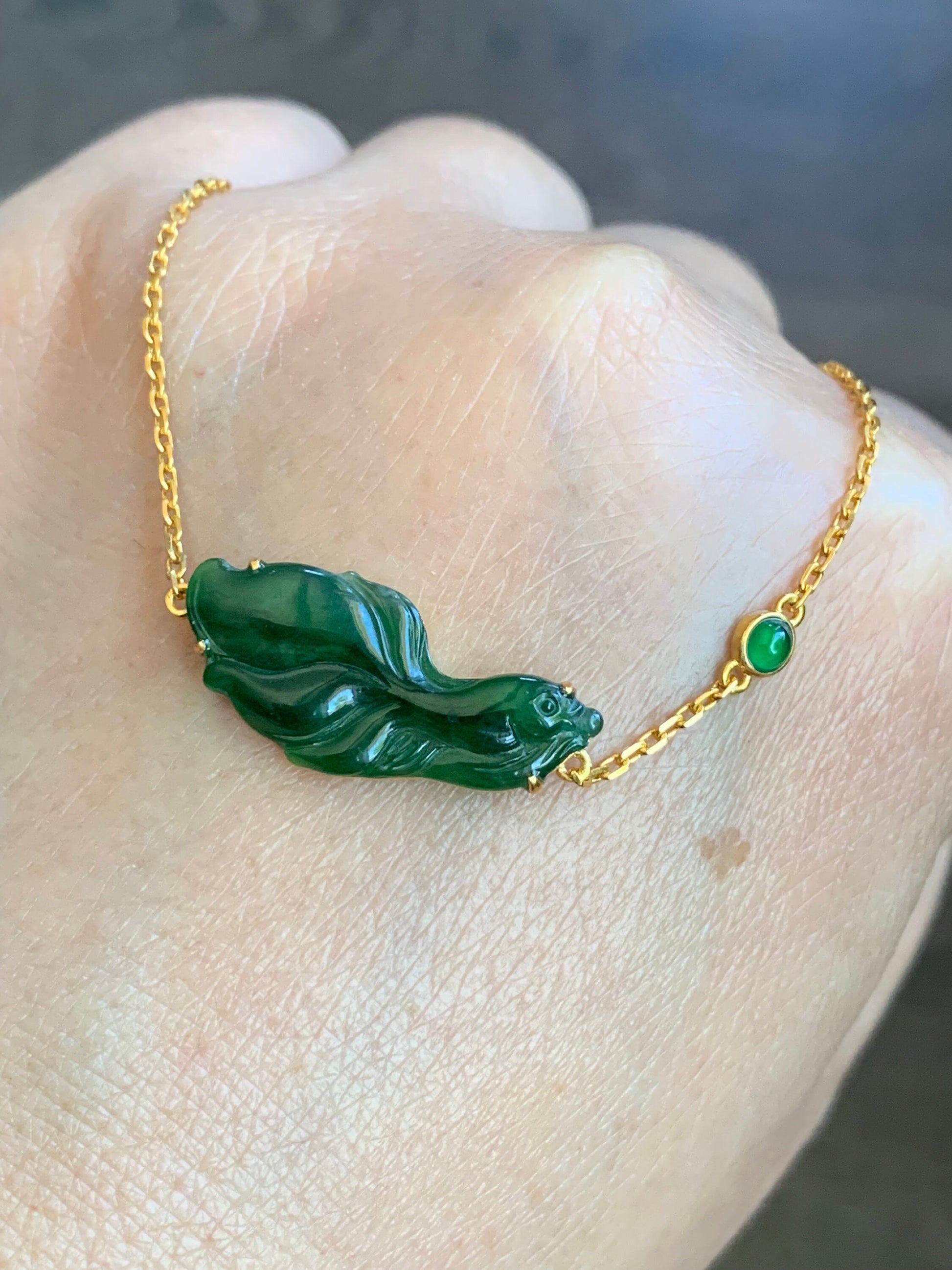 Certified Natural Guatemalan Icy Highly Translucent Rich Green Jadeite Betta Fish Bracelet 18K Yellow Gold 6.25”-7.25” 天然冰危绿翡翠斗鱼金镶手链 344