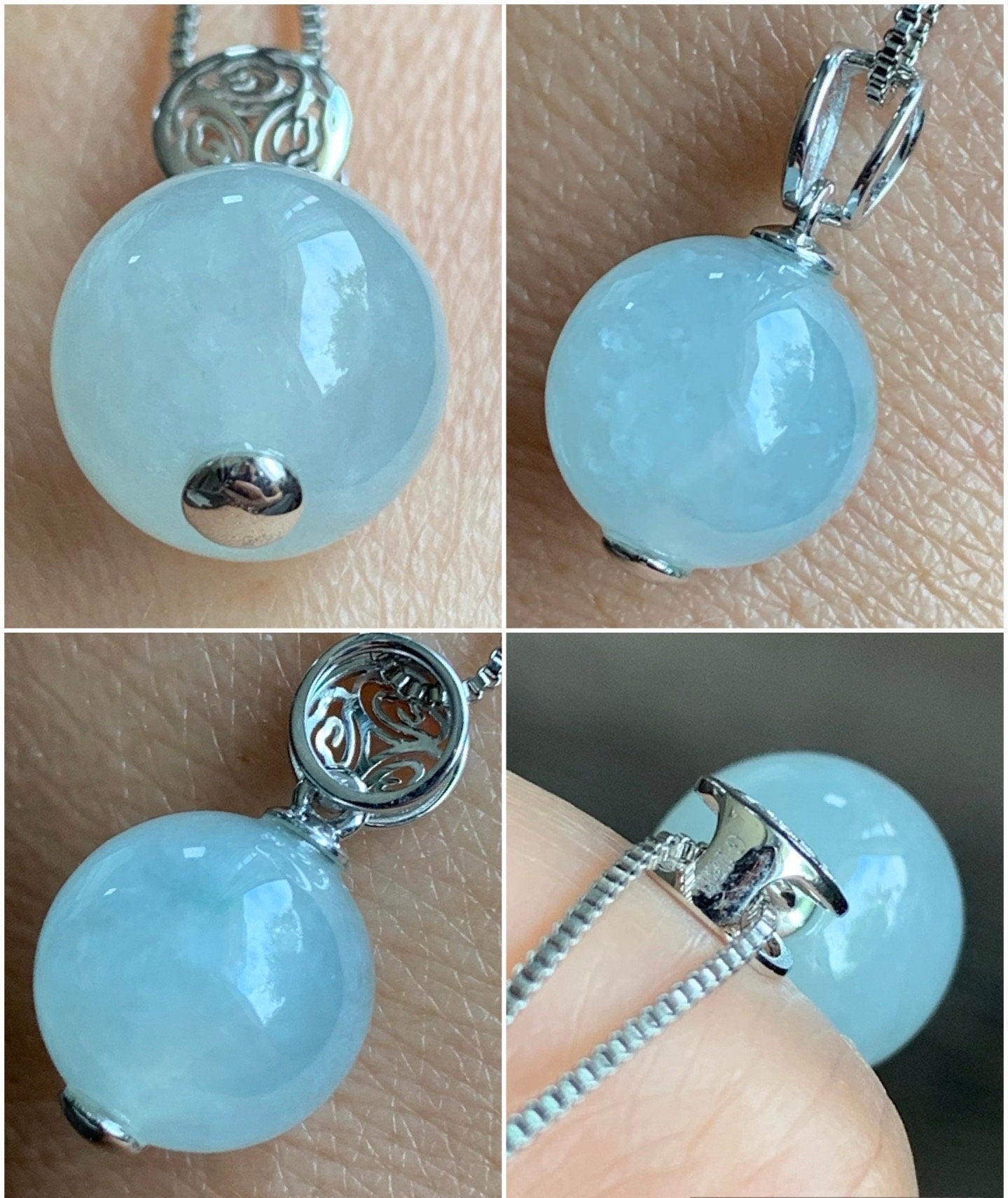 Certified Natural Burmese Grade A Icy Translucent Gelatinous White Jadeite Sphere Bead Pendant 18K White Gold 天然缅甸白冰翡翠单珠镶嵌吊坠