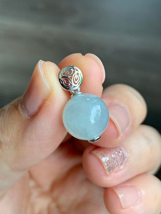 Certified Natural Burmese Grade A Icy Translucent Gelatinous White Jadeite Sphere Bead Pendant 18K White Gold 天然缅甸白冰翡翠单珠镶嵌吊坠