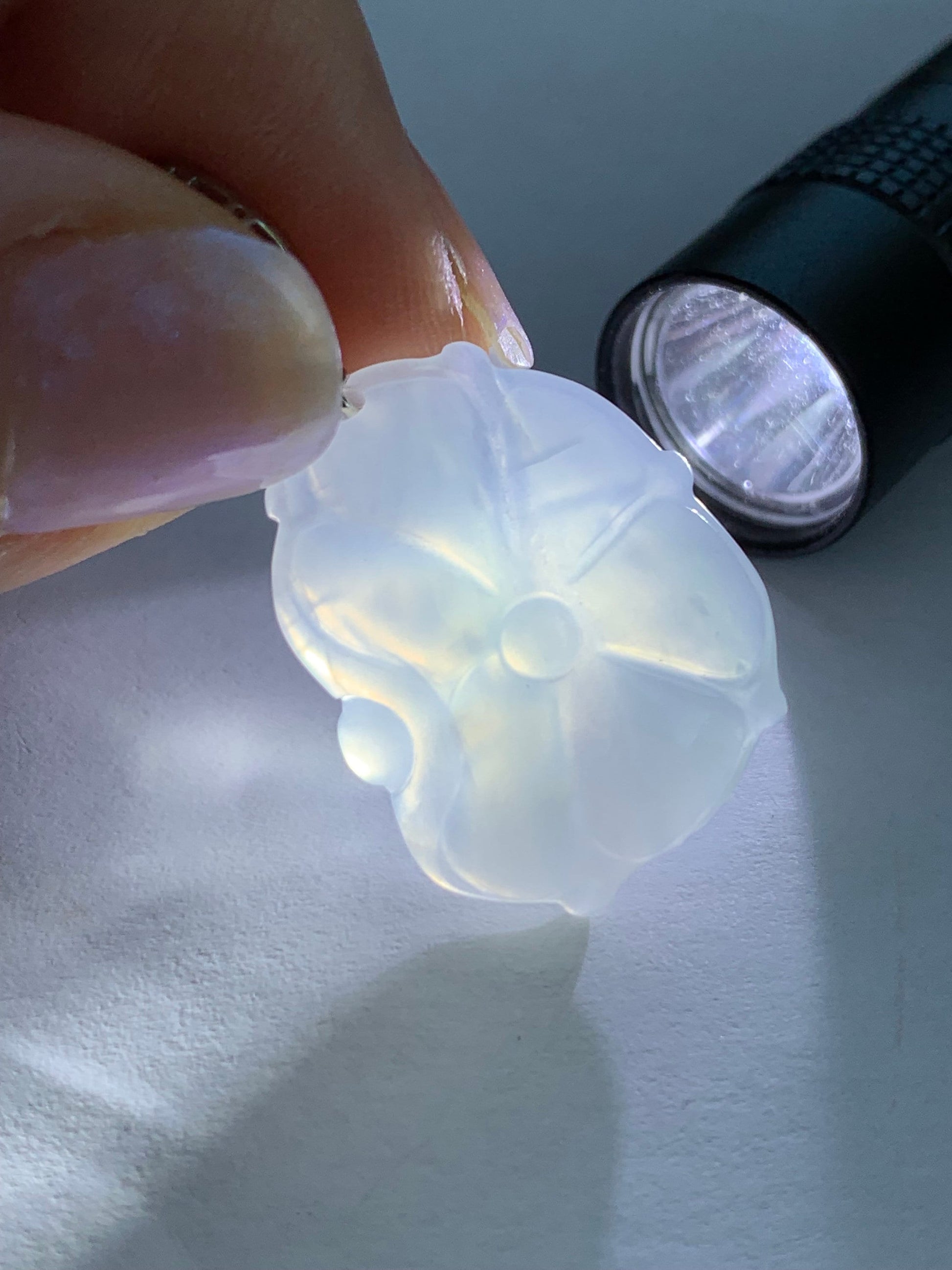 Natural Burmese Icy Translucent Gelatinous White Jadeite Carved Lotus Leaf Lily Pad Pendant S925 Sterling Silver 天然缅甸白冰胶翡翠荷叶吊坠