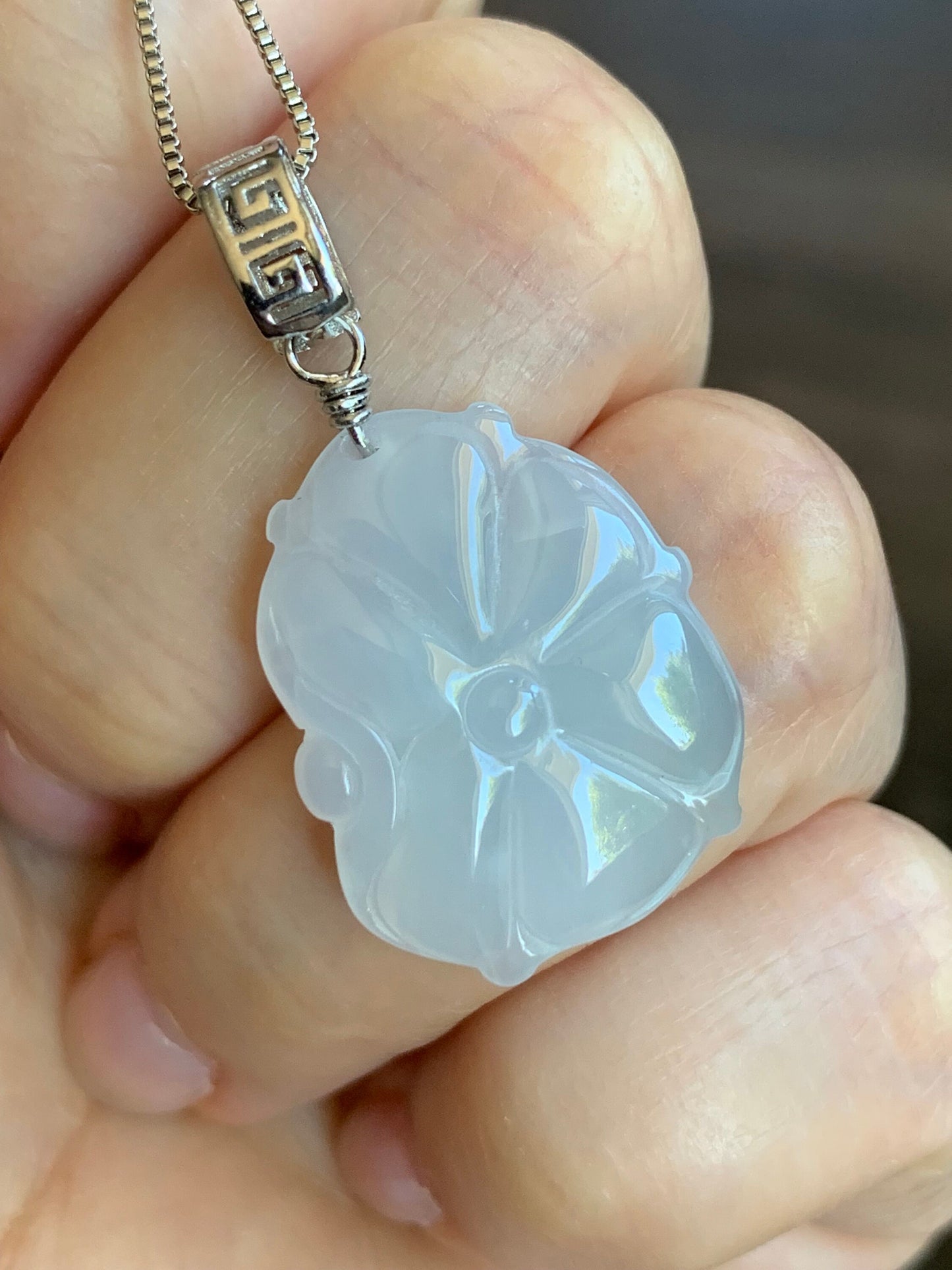 Natural Burmese Icy Translucent Gelatinous White Jadeite Carved Lotus Leaf Lily Pad Pendant S925 Sterling Silver 天然缅甸白冰胶翡翠荷叶吊坠