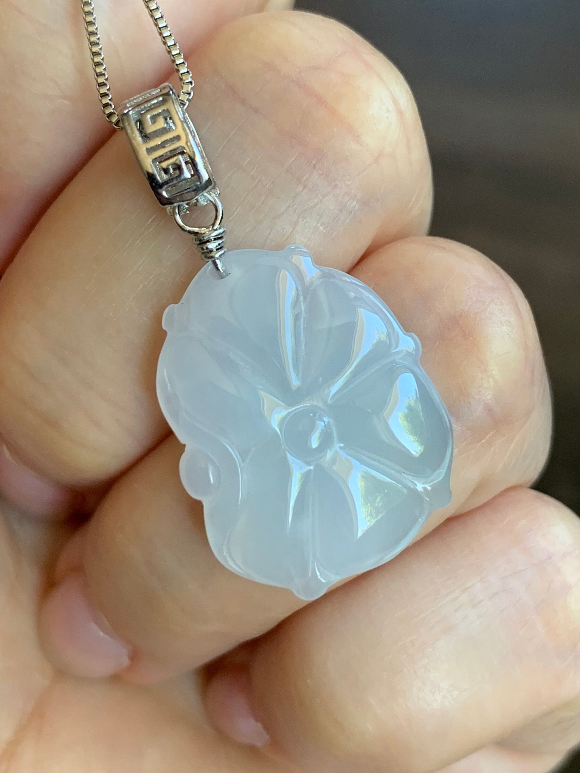 Natural Burmese Icy Translucent Gelatinous White Jadeite Carved Lotus Leaf Lily Pad Pendant S925 Sterling Silver 天然缅甸白冰胶翡翠荷叶吊坠