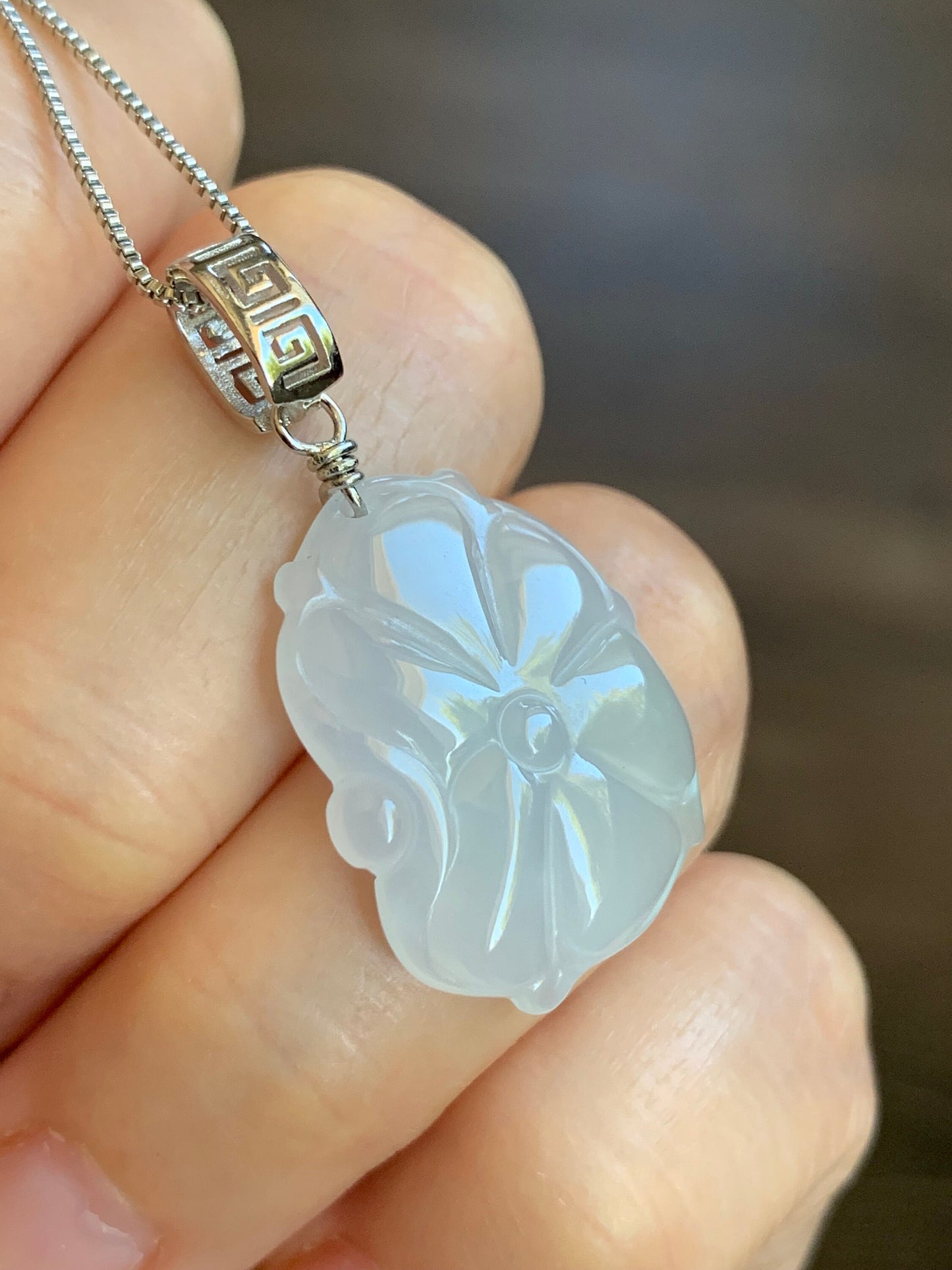 Natural Burmese Icy Translucent Gelatinous White Jadeite Carved Lotus Leaf Lily Pad Pendant S925 Sterling Silver 天然缅甸白冰胶翡翠荷叶吊坠