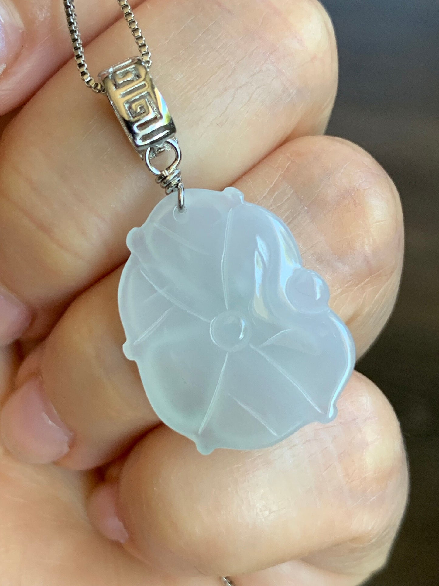 Natural Burmese Icy Translucent Gelatinous White Jadeite Carved Lotus Leaf Lily Pad Pendant S925 Sterling Silver 天然缅甸白冰胶翡翠荷叶吊坠