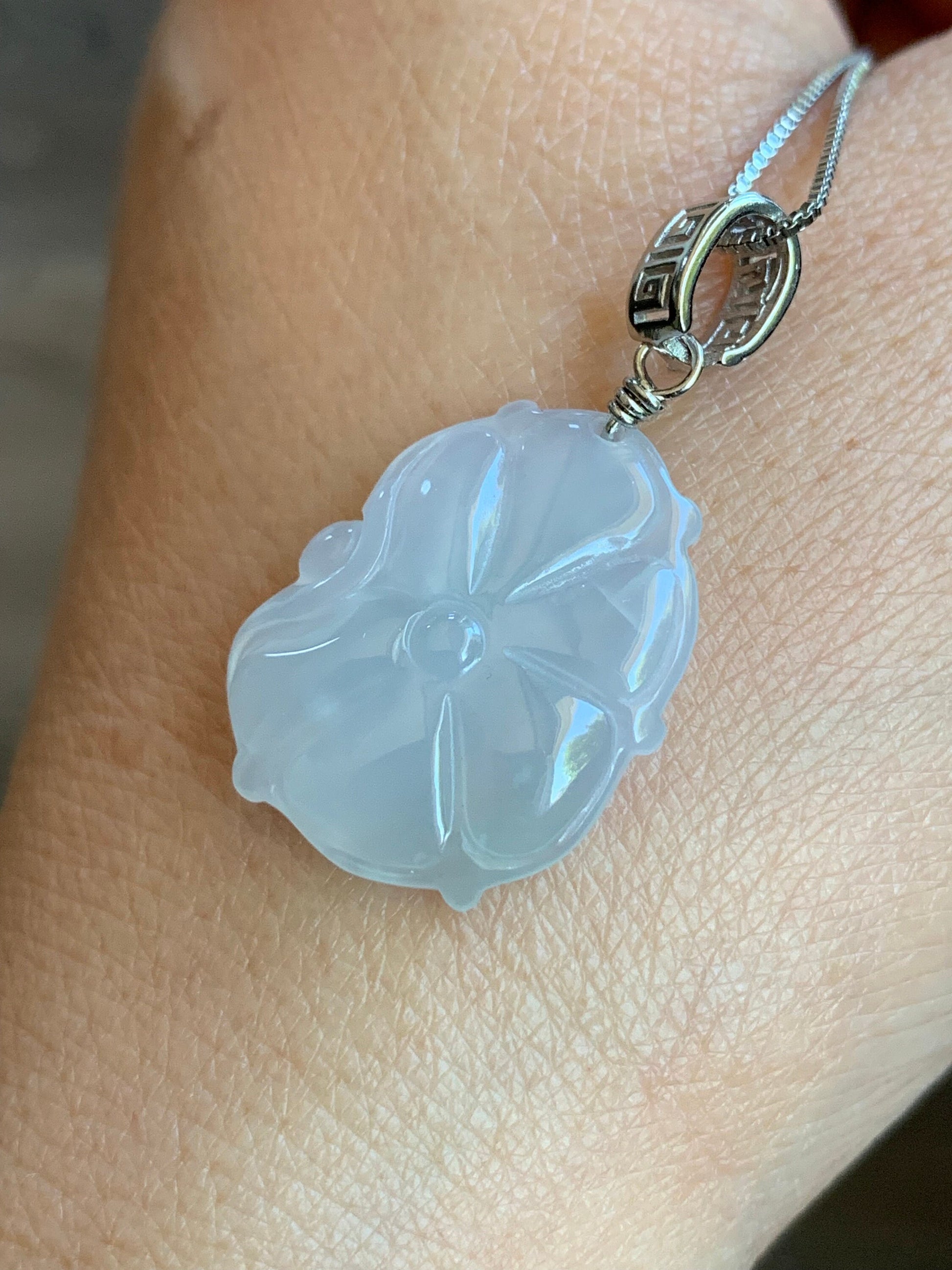 Natural Burmese Icy Translucent Gelatinous White Jadeite Carved Lotus Leaf Lily Pad Pendant S925 Sterling Silver 天然缅甸白冰胶翡翠荷叶吊坠