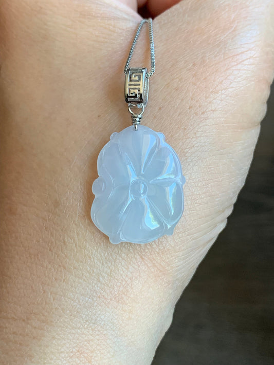 Natural Burmese Icy Translucent Gelatinous White Jadeite Carved Lotus Leaf Lily Pad Pendant S925 Sterling Silver 天然缅甸白冰胶翡翠荷叶吊坠