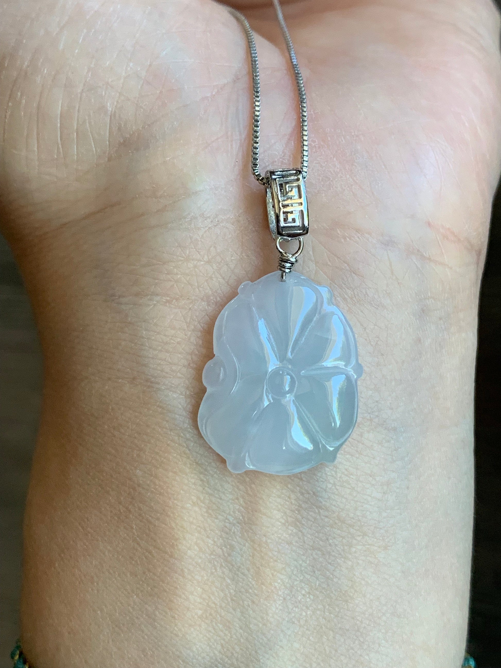 Natural Burmese Icy Translucent Gelatinous White Jadeite Carved Lotus Leaf Lily Pad Pendant S925 Sterling Silver 天然缅甸白冰胶翡翠荷叶吊坠