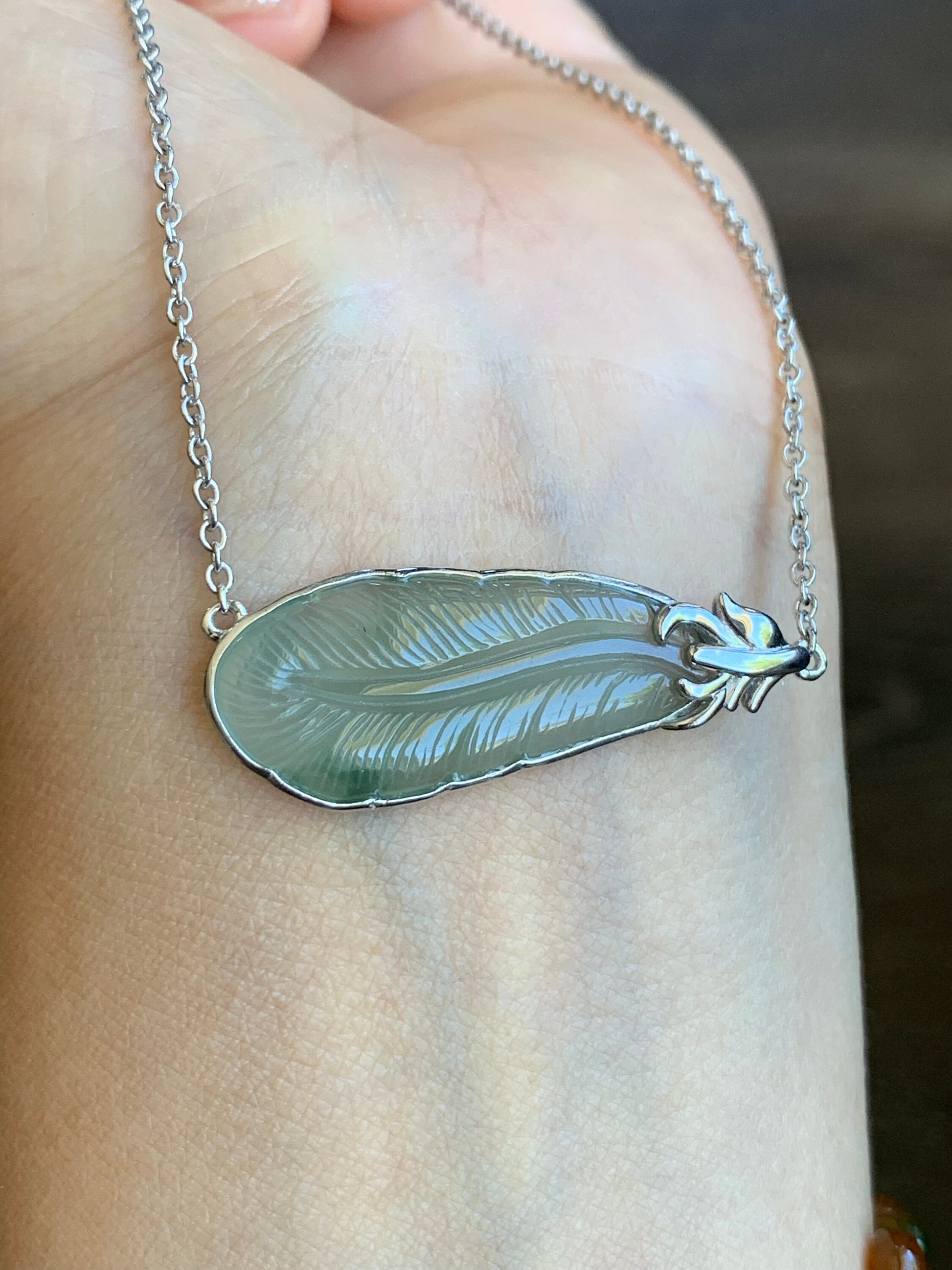 Certified Natural Burmese Icy Translucent Gelatinous Light Green Jadeite Carved Feather Pendant & Necklace 16”-17” 天然缅甸冰晴绿翡翠羽毛镶嵌锁骨链
