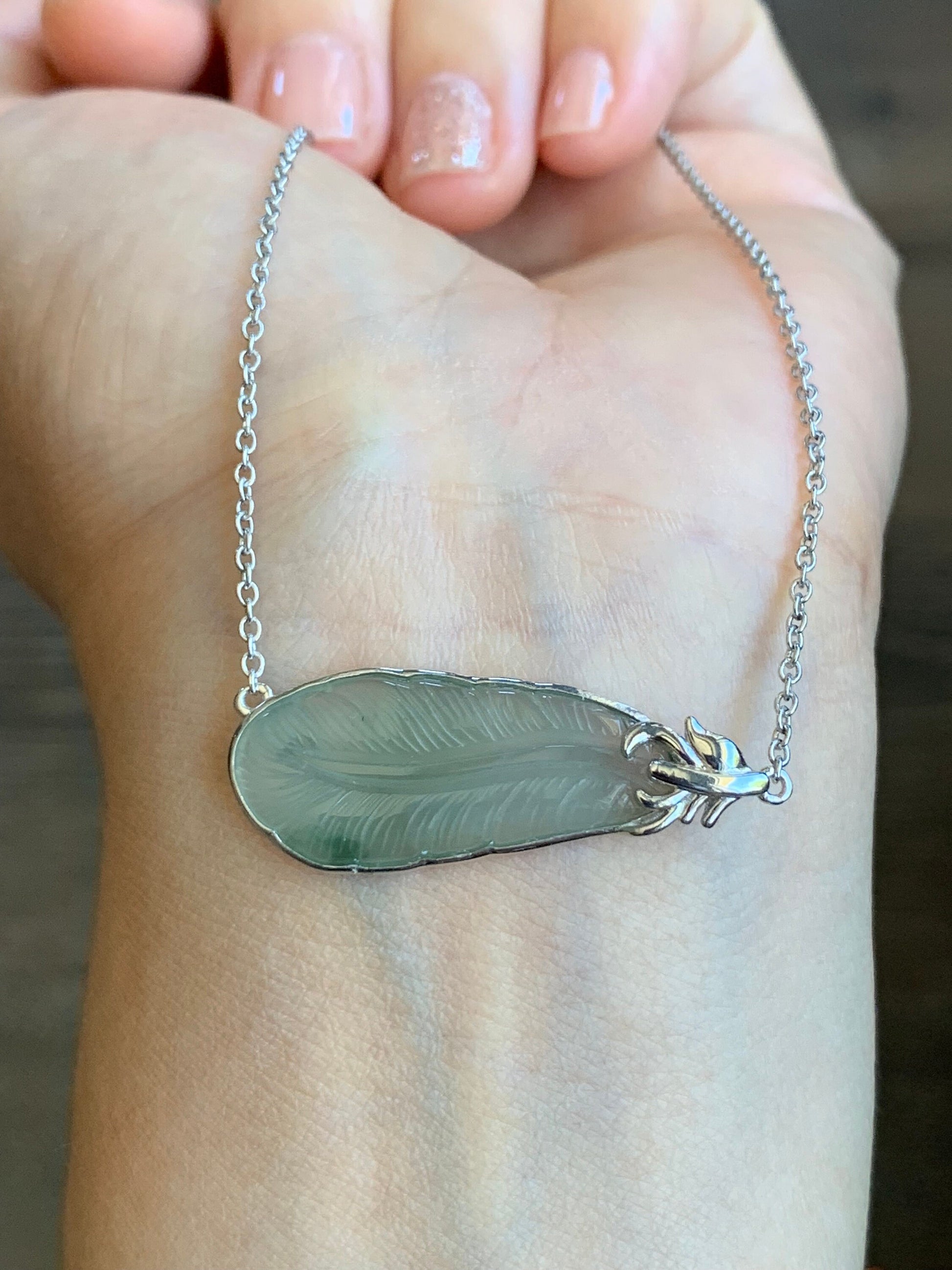 Certified Natural Burmese Icy Translucent Gelatinous Light Green Jadeite Carved Feather Pendant & Necklace 16”-17” 天然缅甸冰晴绿翡翠羽毛镶嵌锁骨链